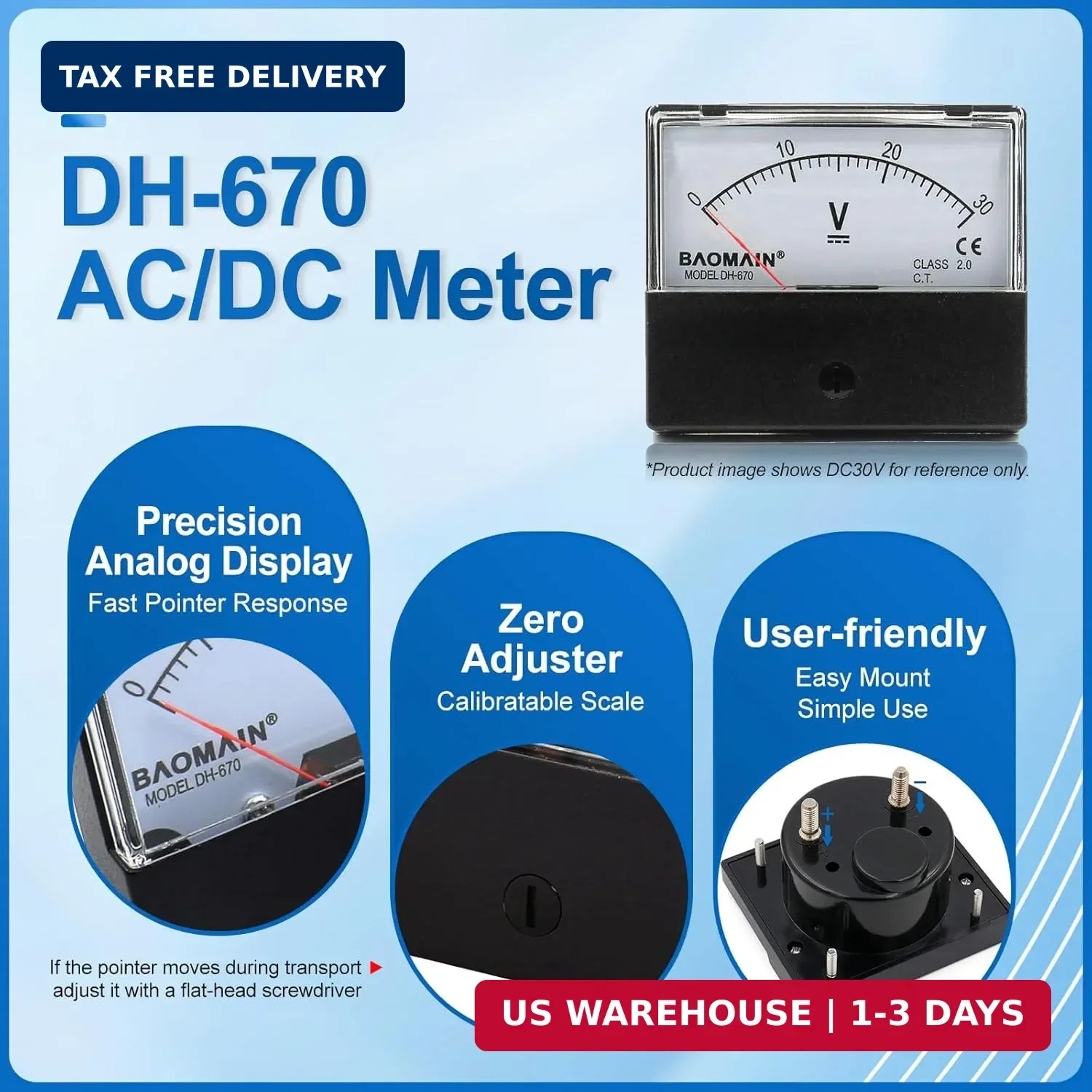 Baomain Voltmeter DH-670 DC 0-500V Rectangular Class 2.5 Analog Panel Volt Volta