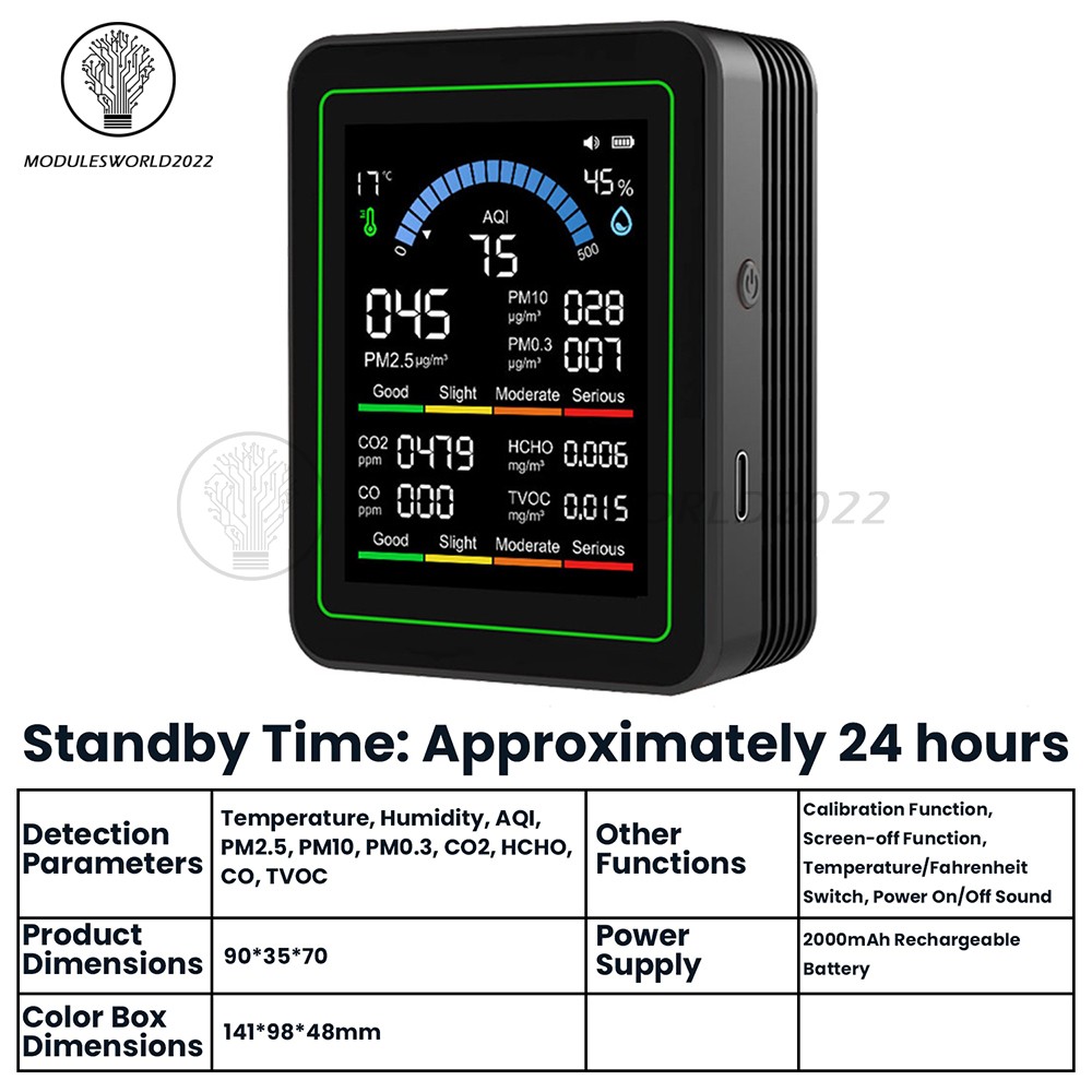 10-in-1 Air Quality Detector PM2.5 PM10 PM HCHO TVOC CO CO2 Formaldehyde Monitor