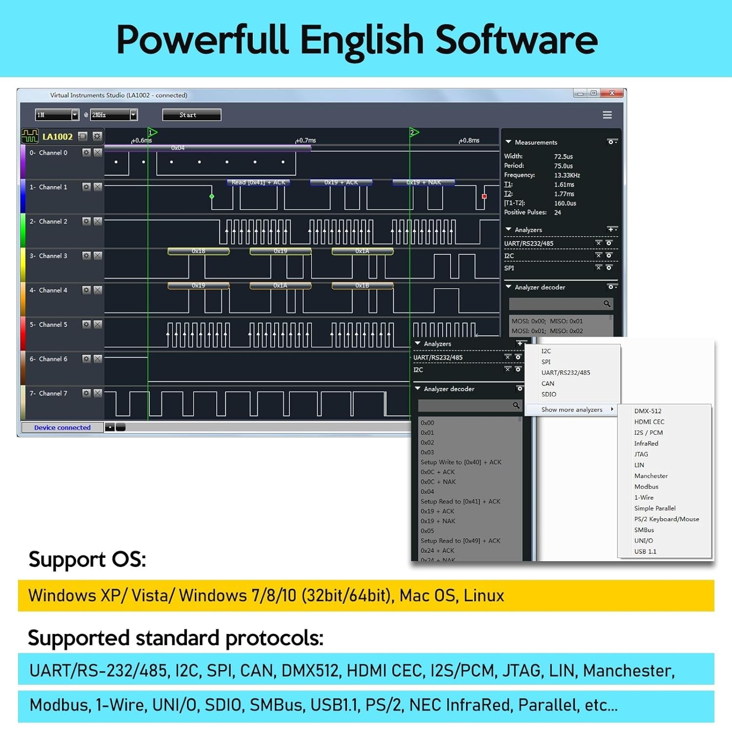 LA1010 USB Logic Analyzer 16 Input Channels 100MHz with The English PC Softwa…