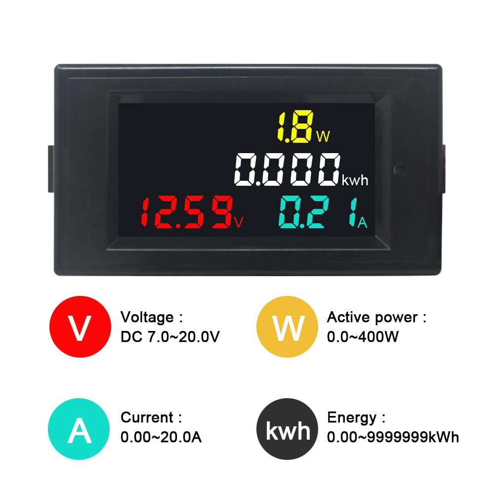 DC 7-20V 20A Voltmeter Ammeter, 4 in 1 Multimeter Panel Kwh Amp Watt Volt Meter,