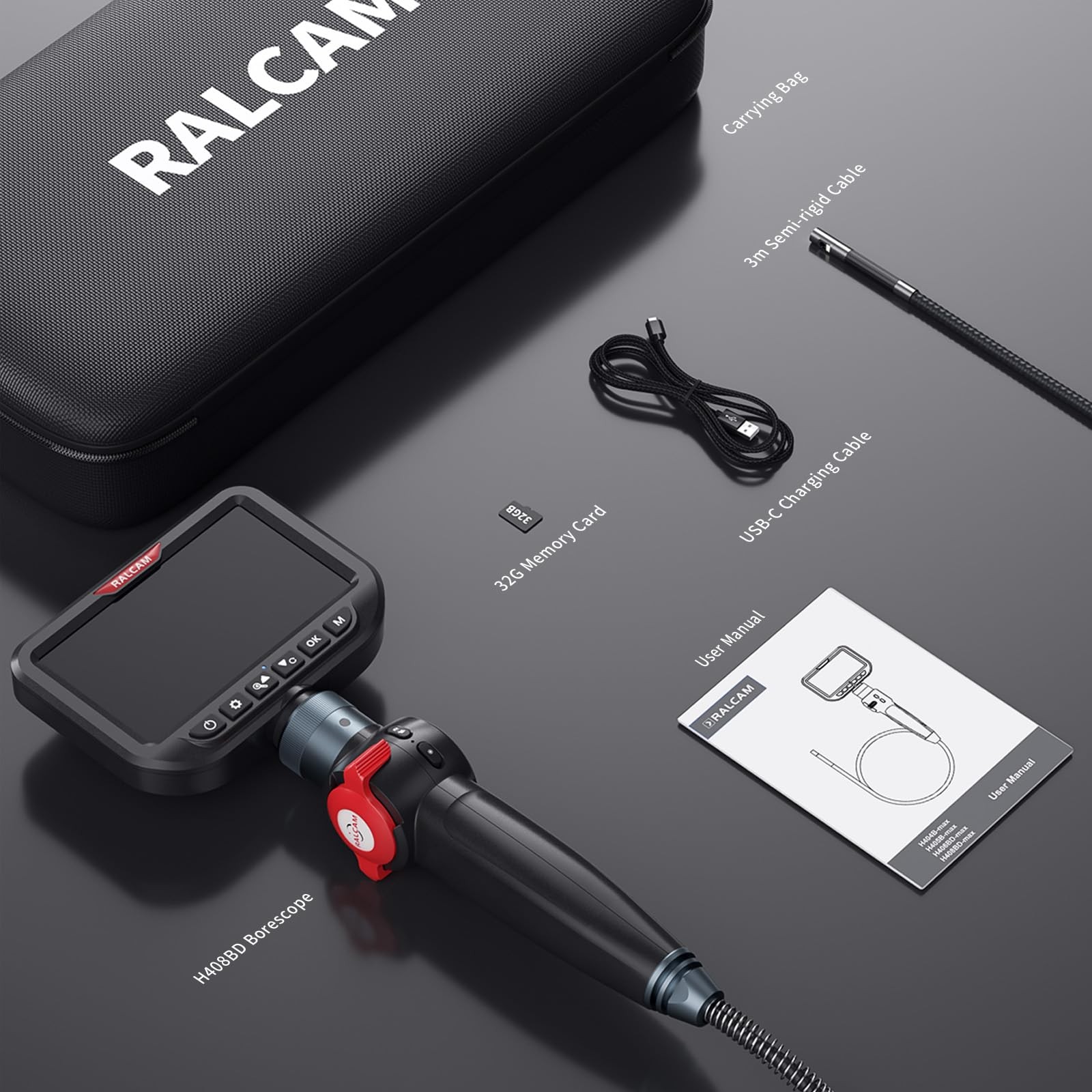 RALCAM Dual Lens Articulating Borescope, 10FT Semi-Rigid Inspection Camera wi…