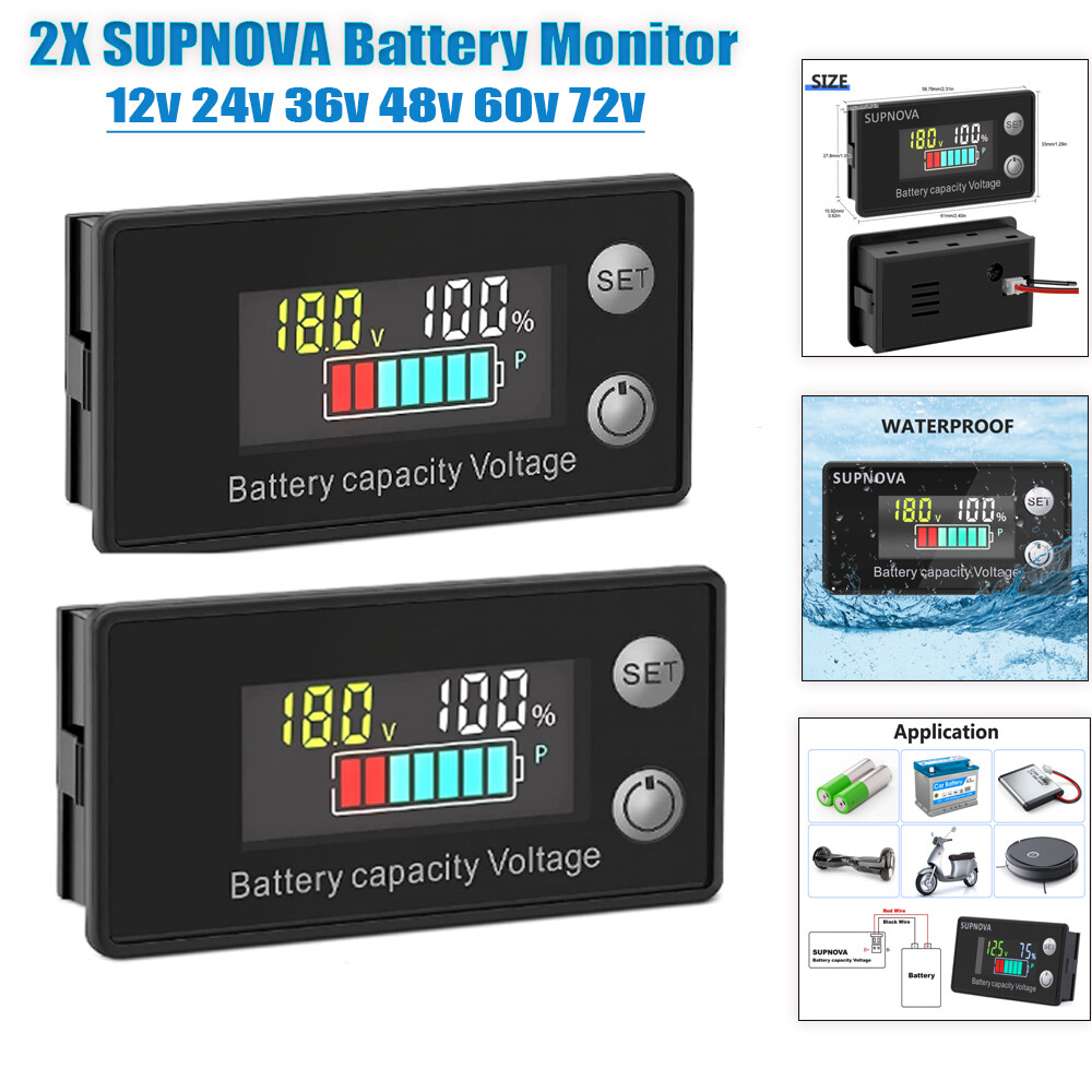 2PCS Battery Monitor Meter 12V 24V 36V 48V 60V 72V Capacity Tester With Alarm US