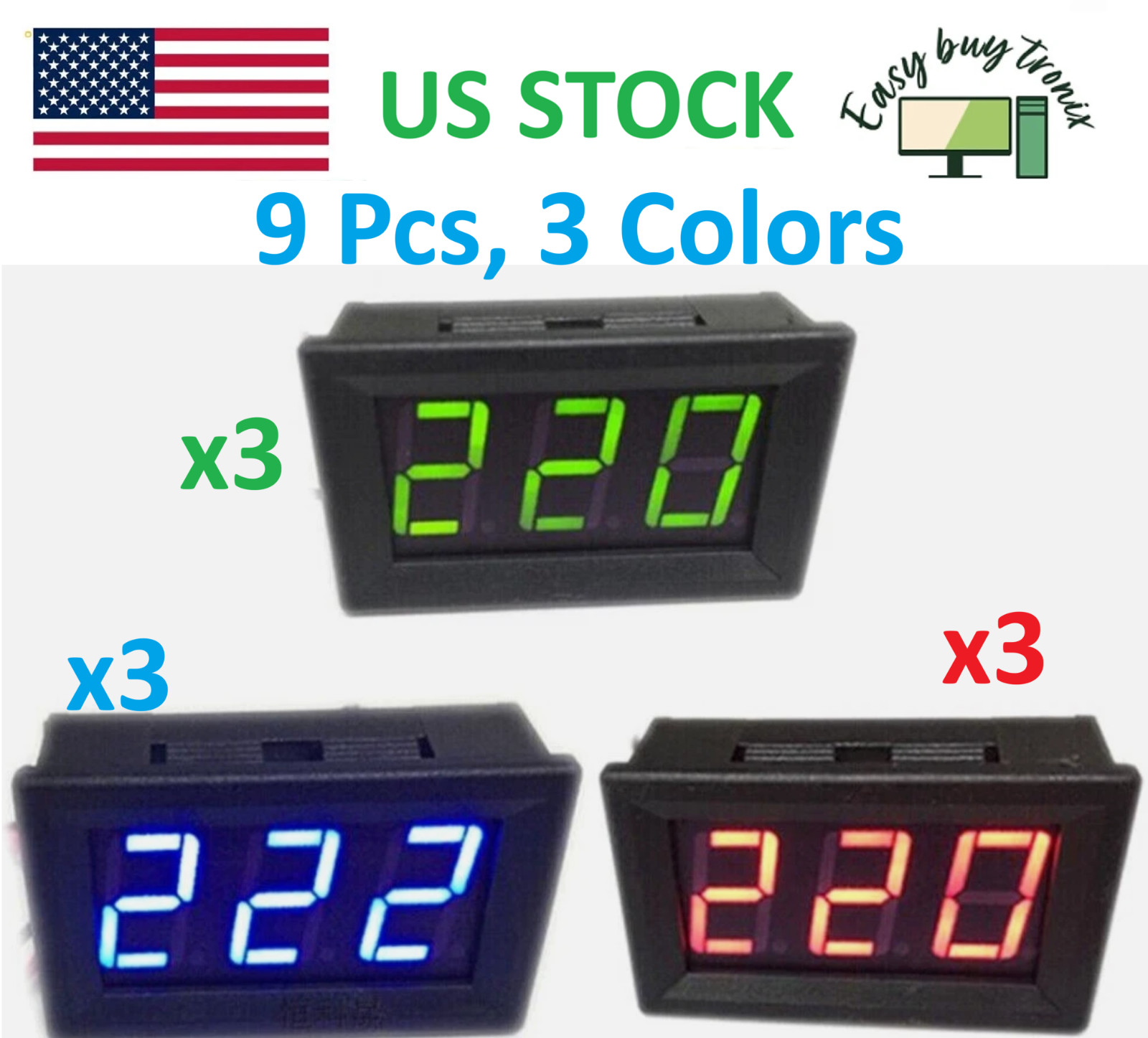 9Pcs, 3 of Each color AC 70-500V digital voltmeter LED display 2 wire volt meter
