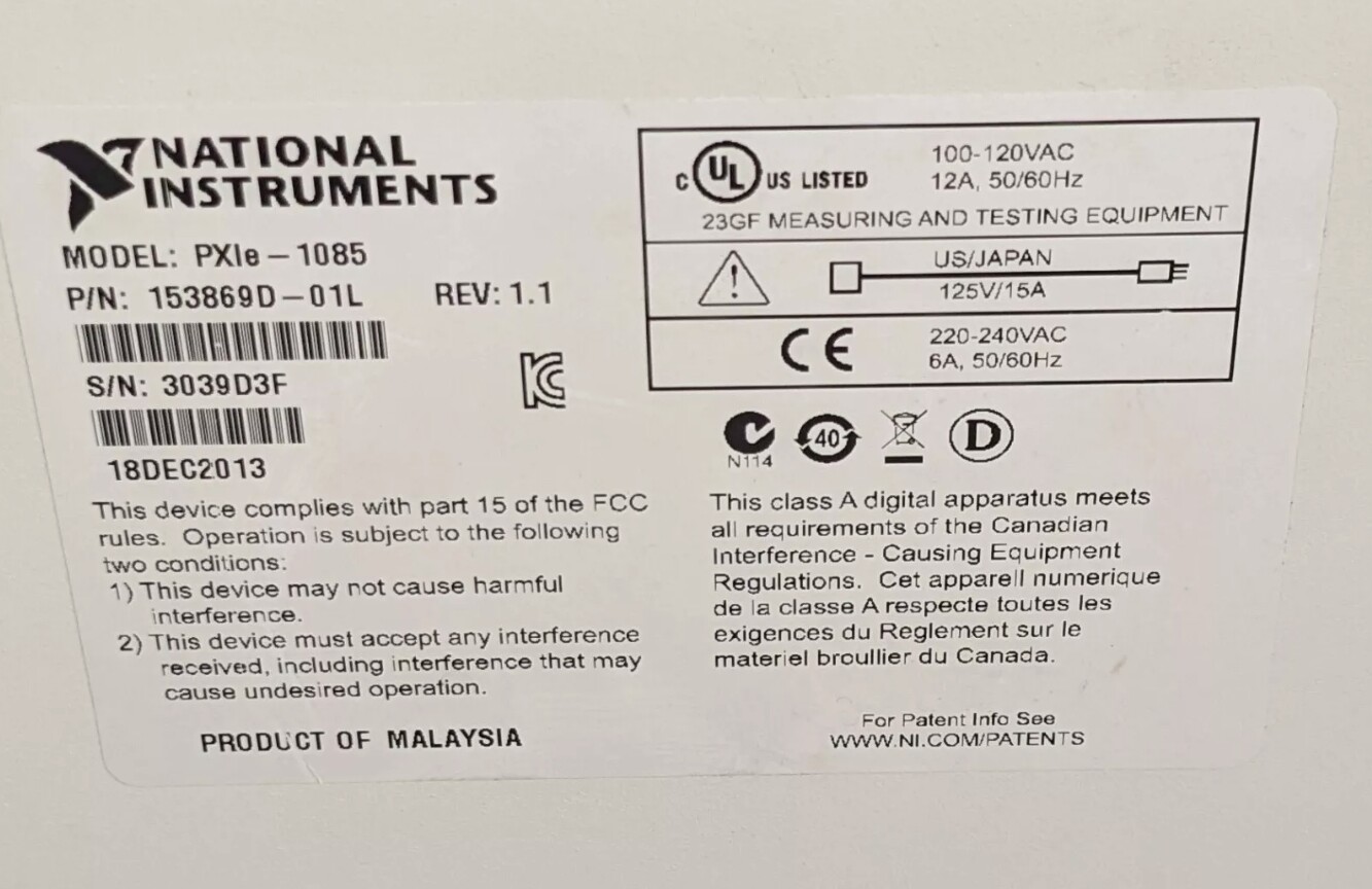 USED National Instruments NI PXIe-1085 PXIe, 18-Slot Up to 12 GB/s PXI Chassis
