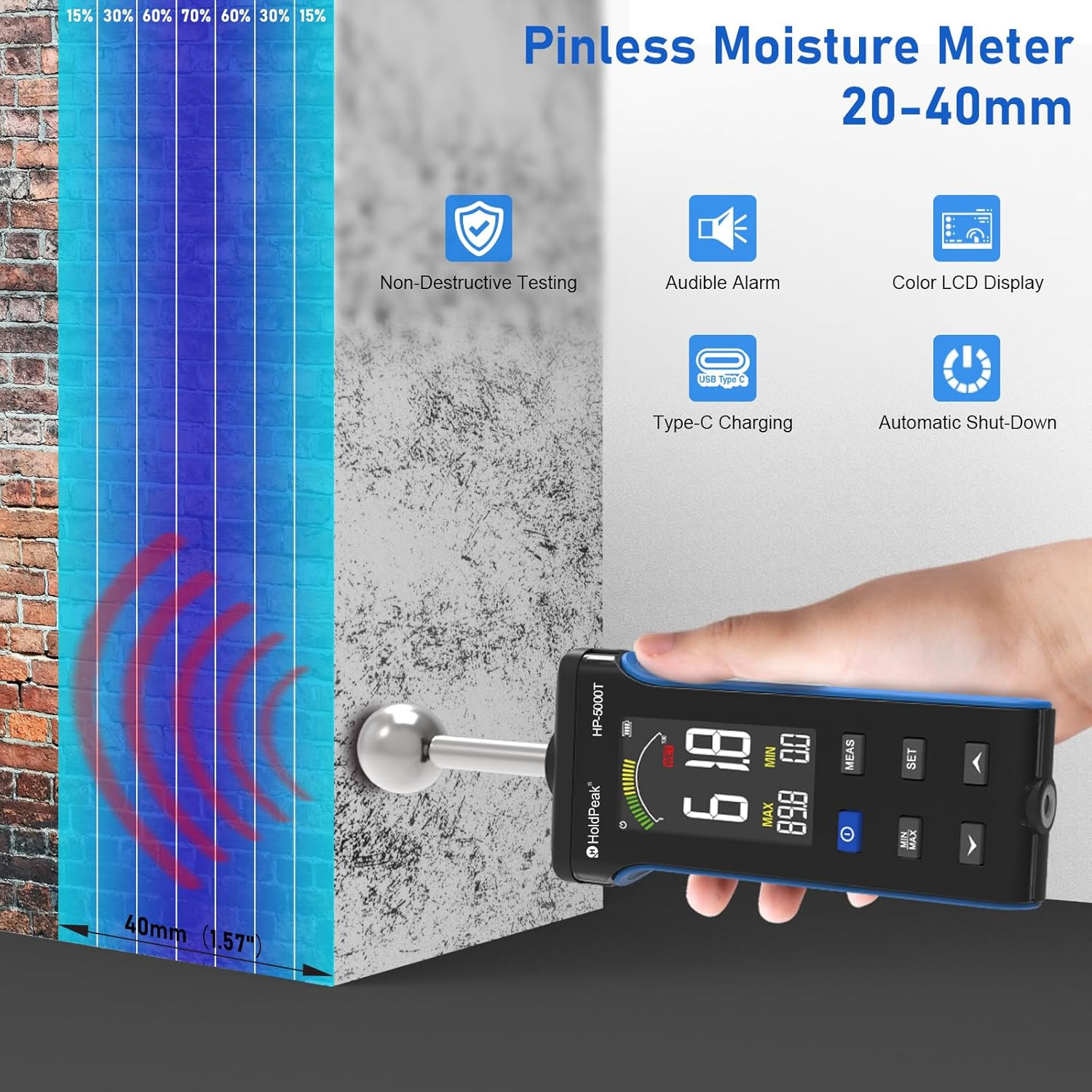 HOLDPEAK Pinless Wood Moisture Meter 20-40mm for Wood Concrete Walls Floor LCD