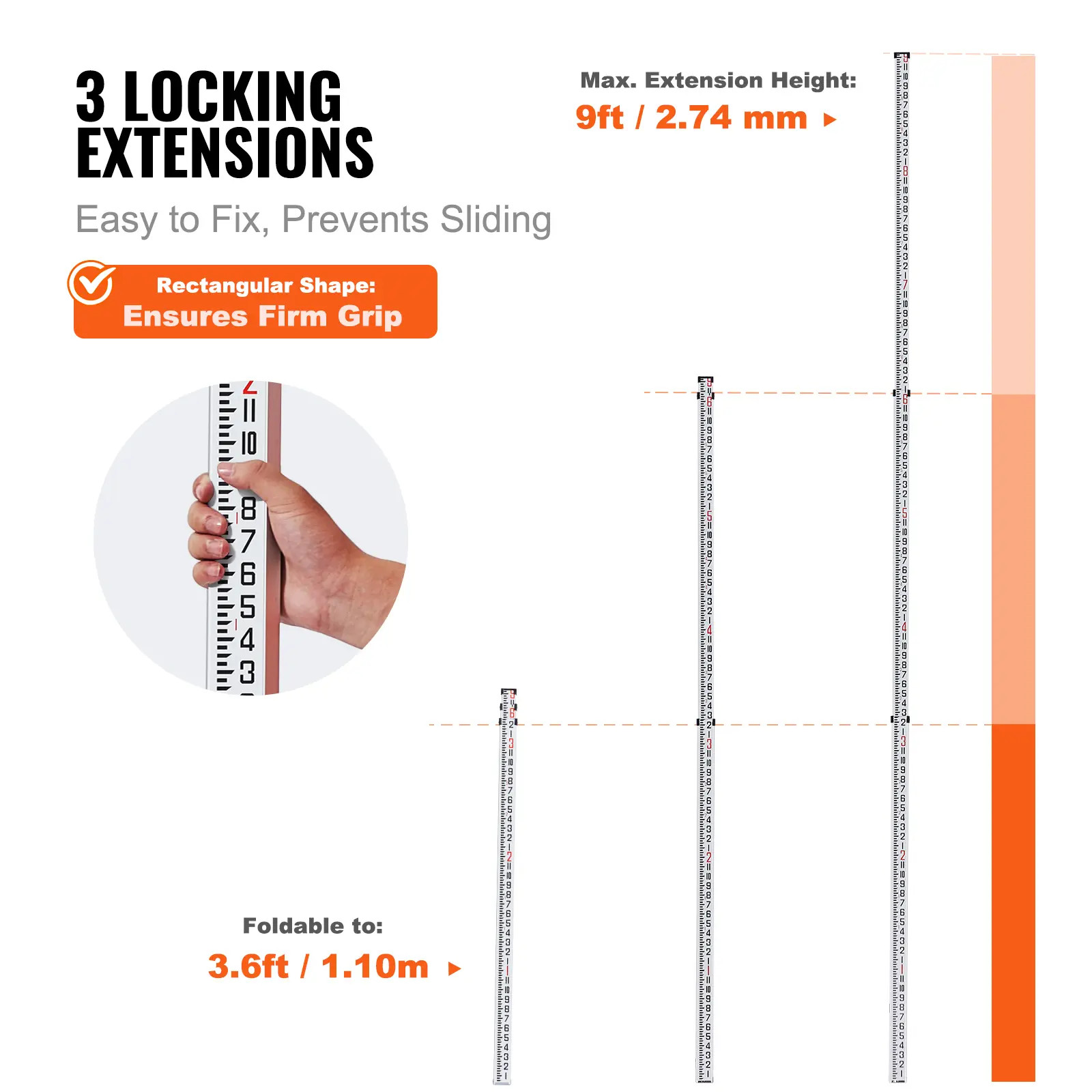 Telescopic Aluminum Survey Rod 9ft 3 Section 1/8in Scale Construction Measuring