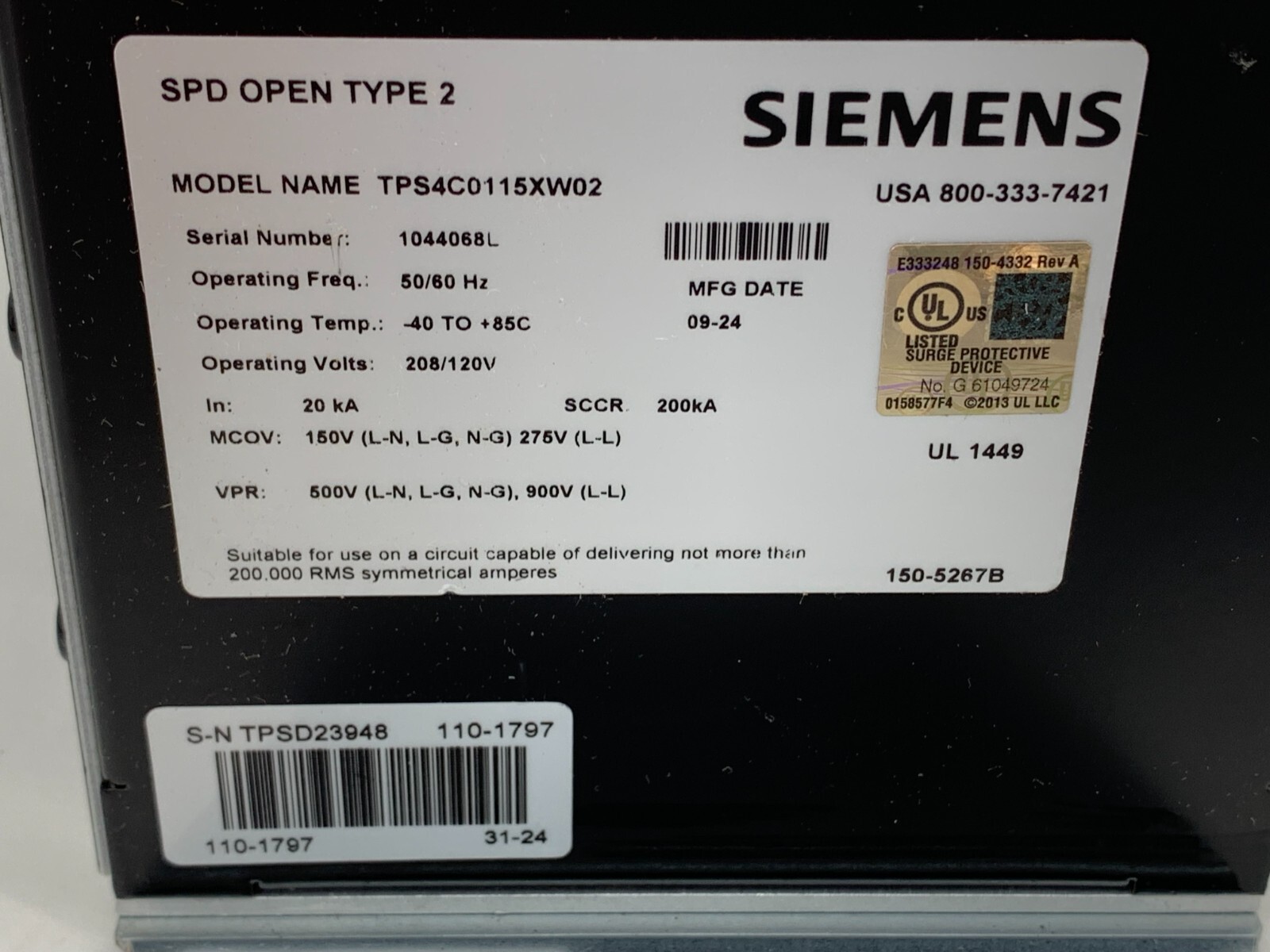 Siemens TPS4C0115XW02 Surge Protection Device SCCR 200kA 208/120V 3P w/Counter
