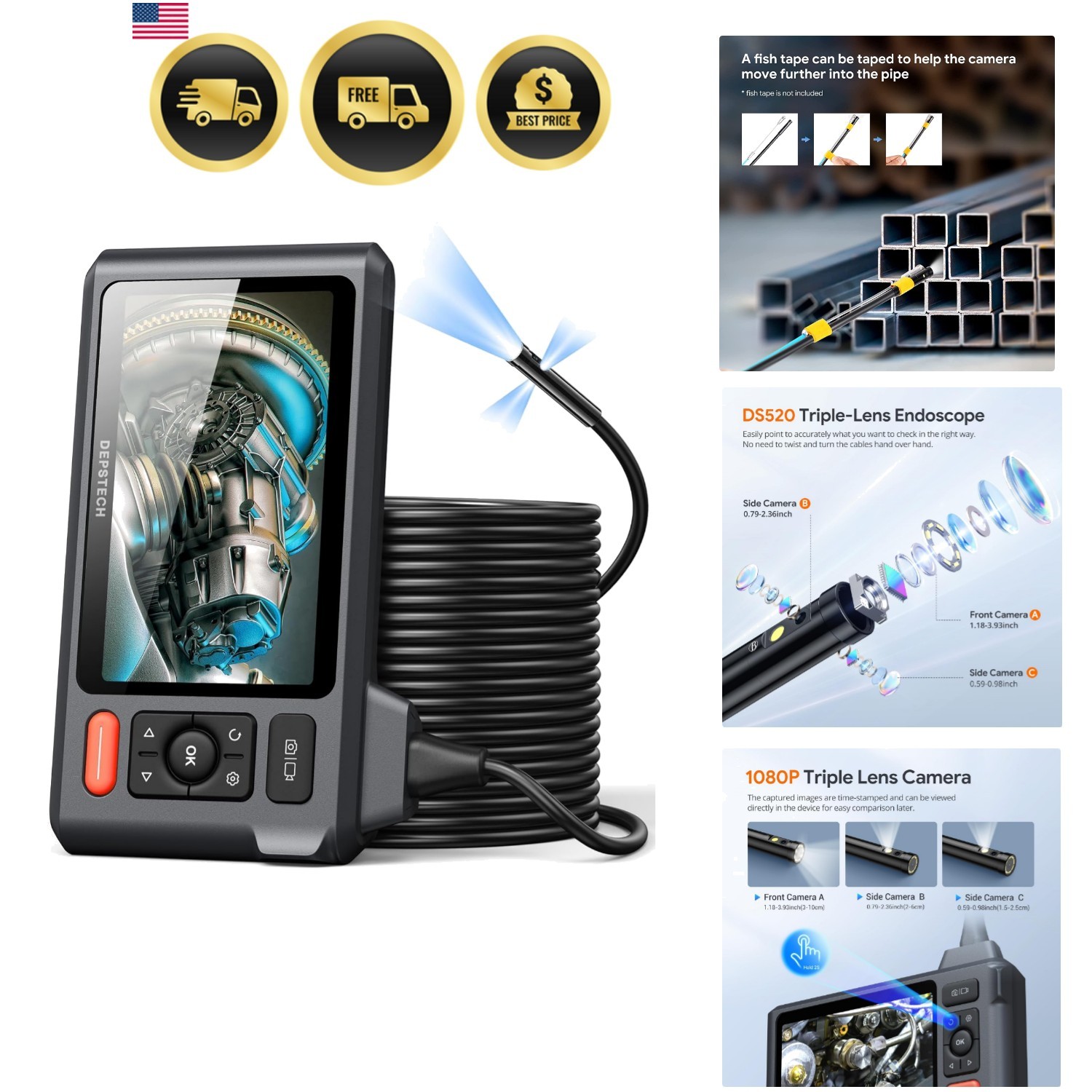 50FT Endoscope Camera with Light: Triple Lens 5″ IPS Screen Sewer Inspection …