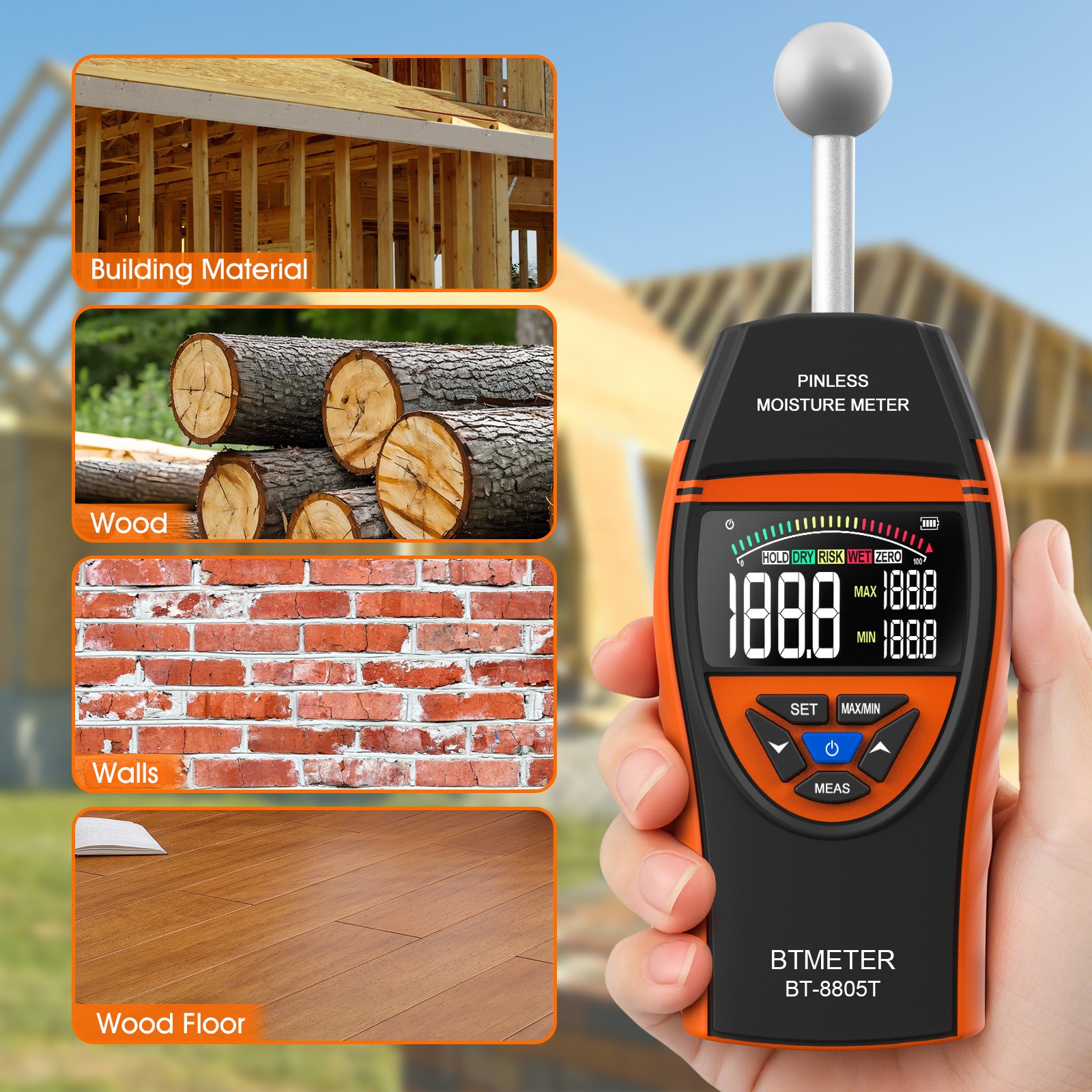 Wood Moisture Meter for Lumber Drywall Pinless Moisture Tester Moisture Sensor