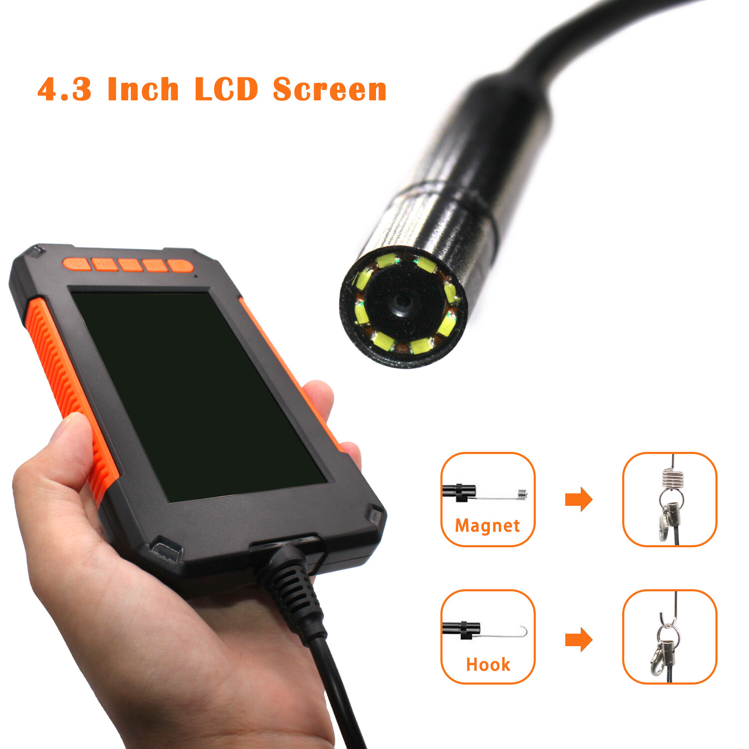1080P HD Industrial Endoscope Borescope LCD 4.3inch 8mm Inspection Snake Camera