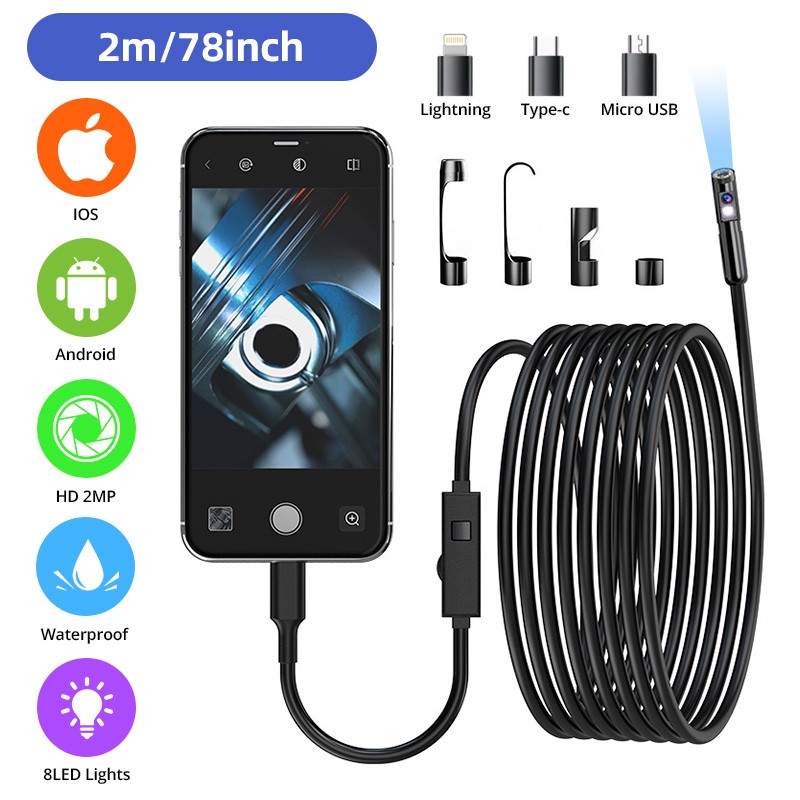 2M Dual Lens Borescope 1080P IP67 Waterproof LED Cam Auto Pipe Engine Inspection