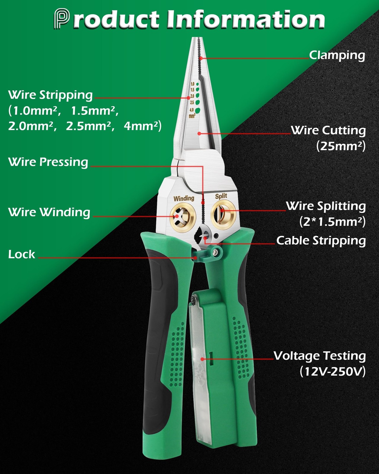 FAITIO 8 In 1 Wire Stripper with Voltage Tester, Strippers/Crimper Green