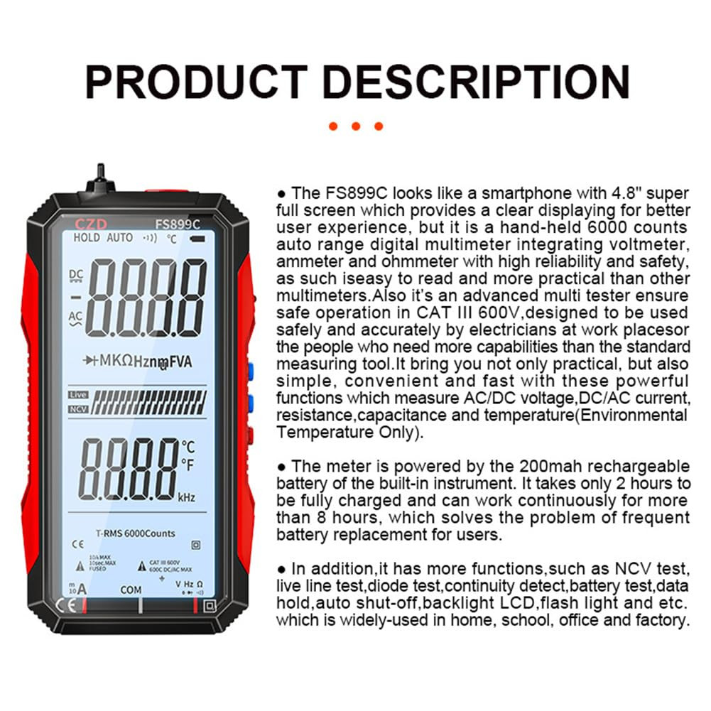 FS899L Digital Multimeter with Color Screen & Storage Case, USB C Rechargeable