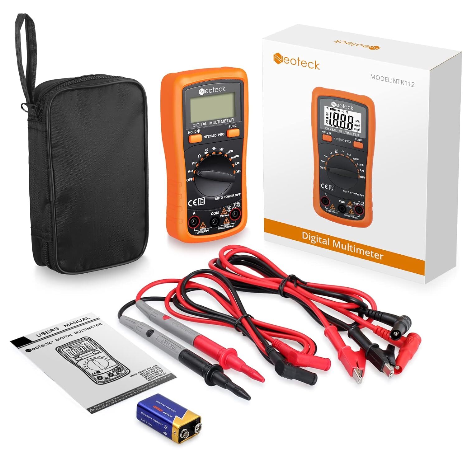 Neoteck 8233D Pro Pocket Digital Multimeter Orange 2000 Counts Backlit Display