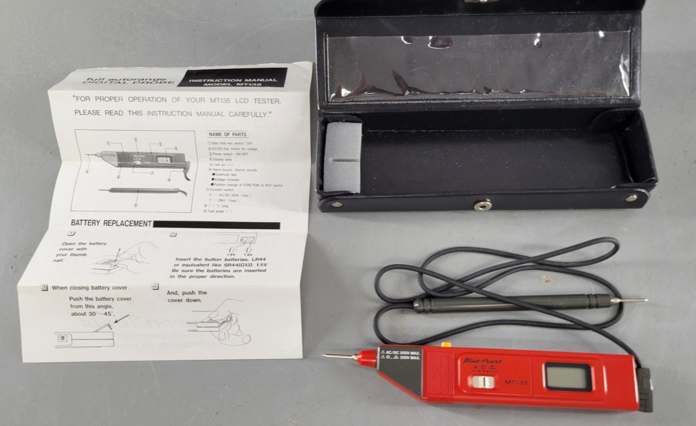 BLUE-POINT MT135 PEN STYLE DIGITAL MULTIMETER PROBE SNAP-ON TOOLS W/ MANUAL VTG