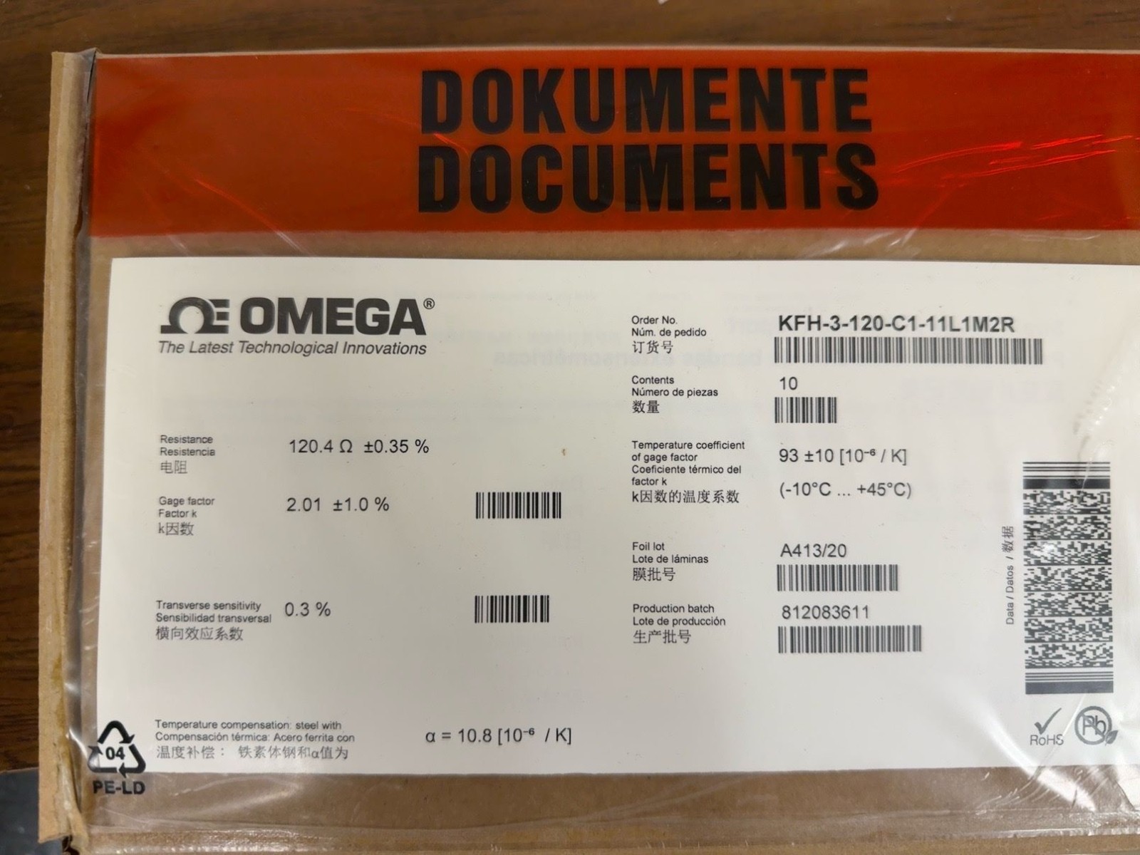 Omega KFH-3-120-C1-11L1M2R pre-wired strain gauges