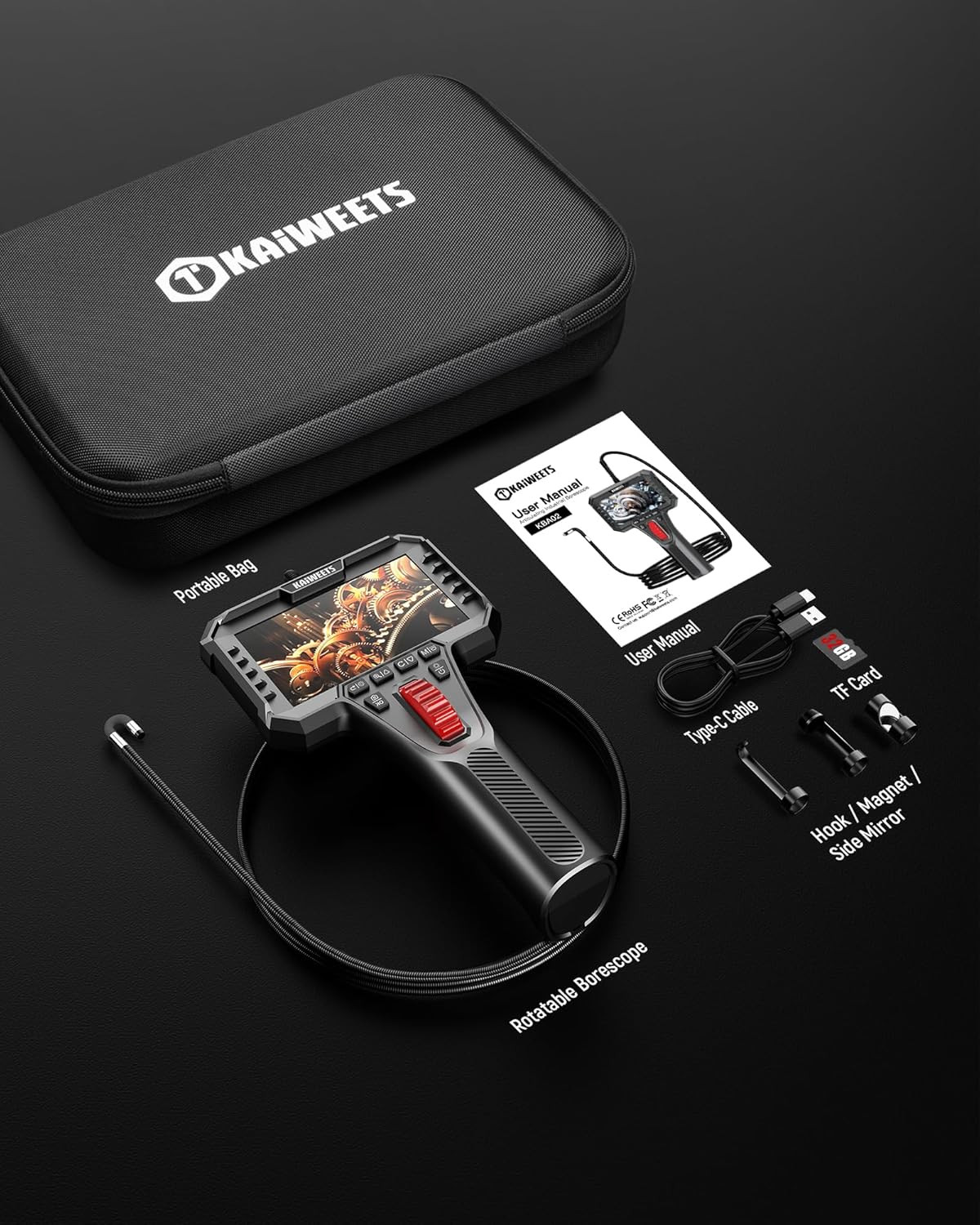 Two-Way Articulating Borescope Camera with Light, 0.25In Slim Probe, Industrial