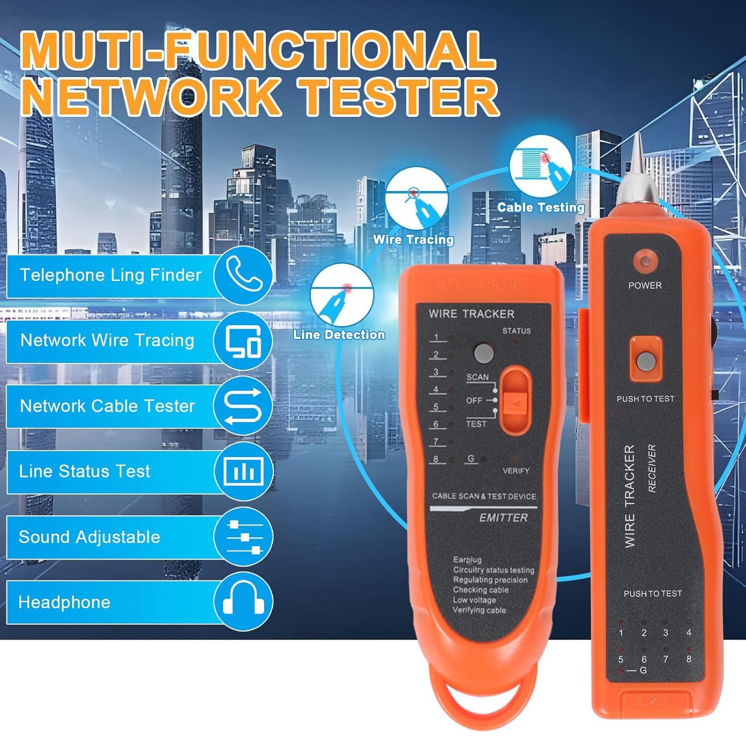 Orange Electric Circuit Testing Device Wire Tracker With Headset Toolkit