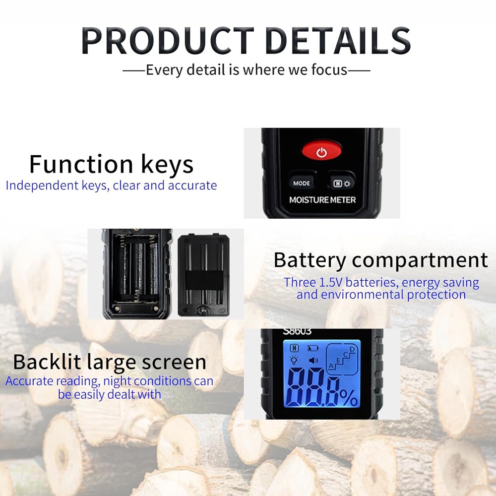 Handheld Digital Wood Moisture Meter LCD Tester for Firewood Paper Cardboard
