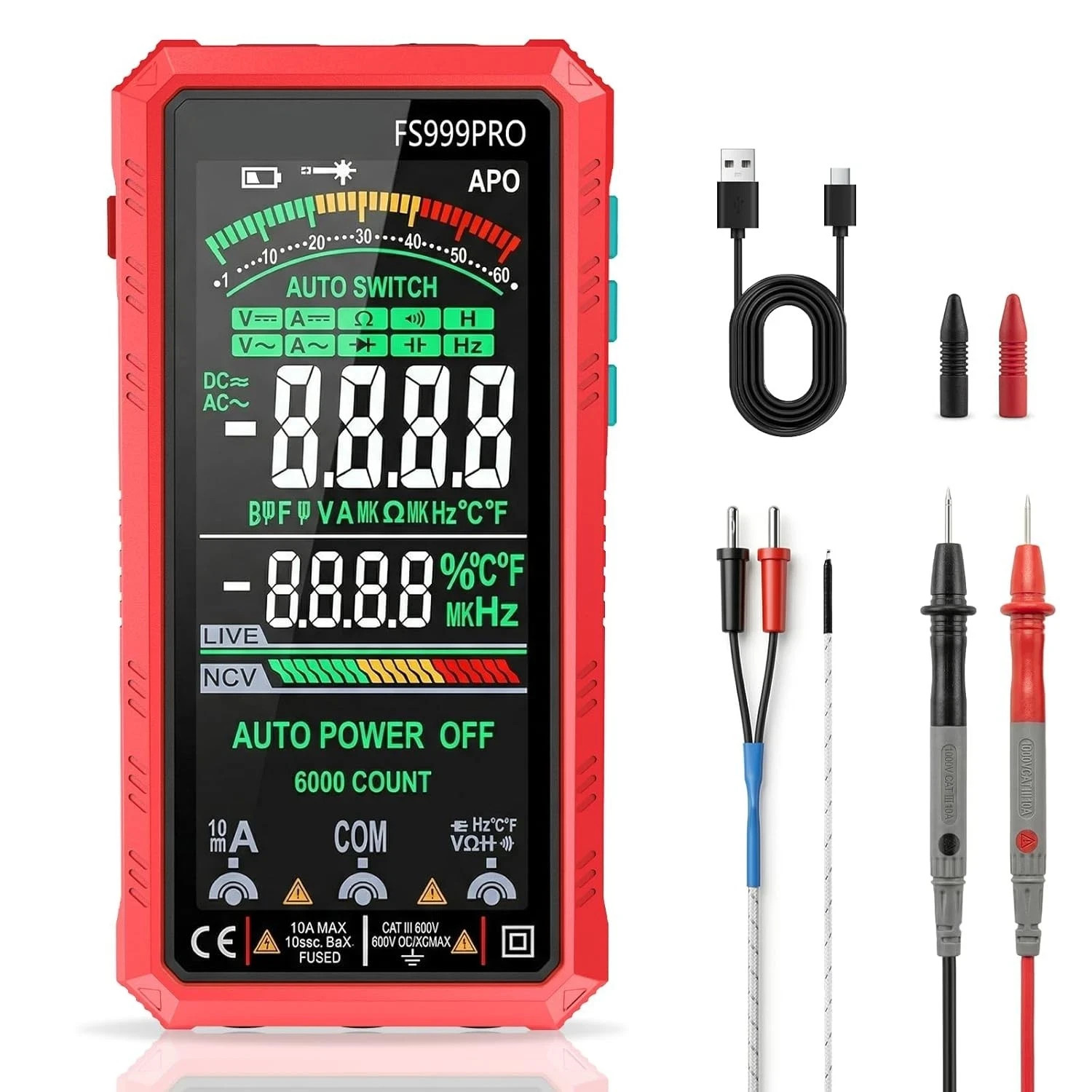 Digital Multimeter Tester Auto-Ranging TRMS 6000 Counts Voltmeter Smart Recharge