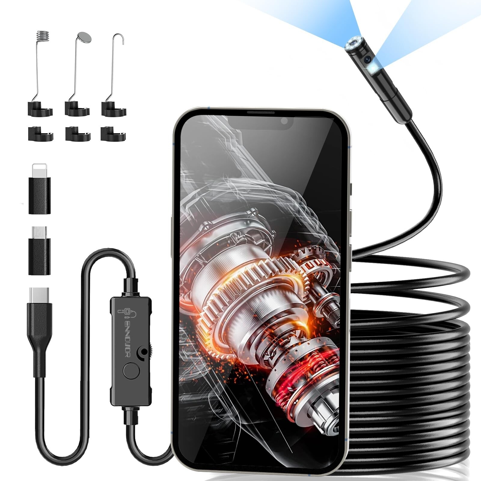 Endoscope Dual-Lens 1920P HD Borescope Camera,16.4ft Semi-Rigid Snake Camera
