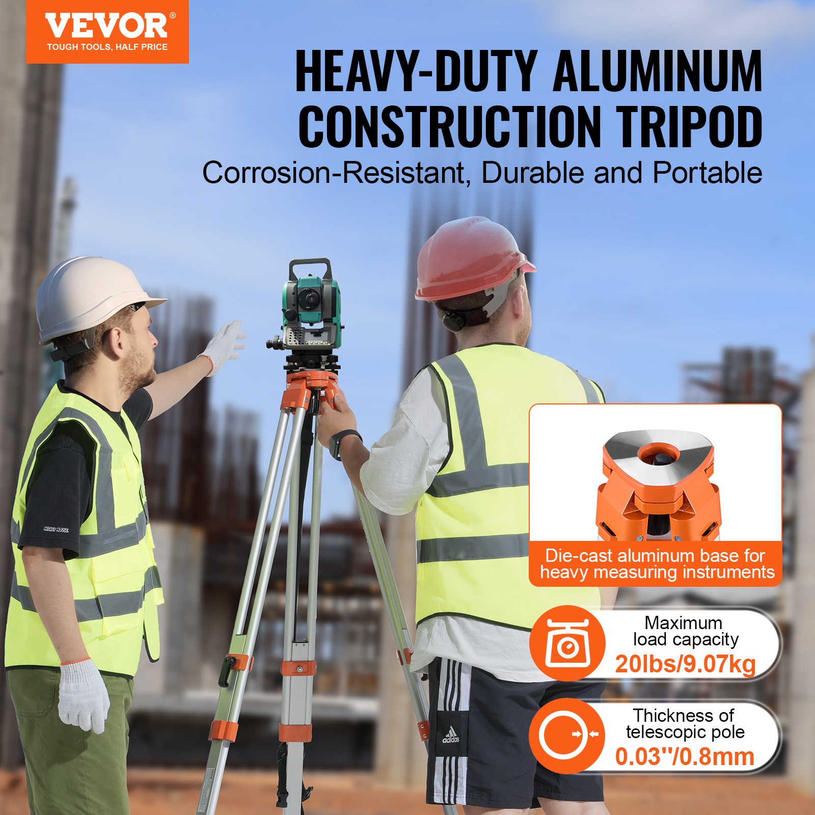 VEVOR Laser Level Tripod Stand 5/8″-11 Thread 16.53-65.55 in Height Adjustment