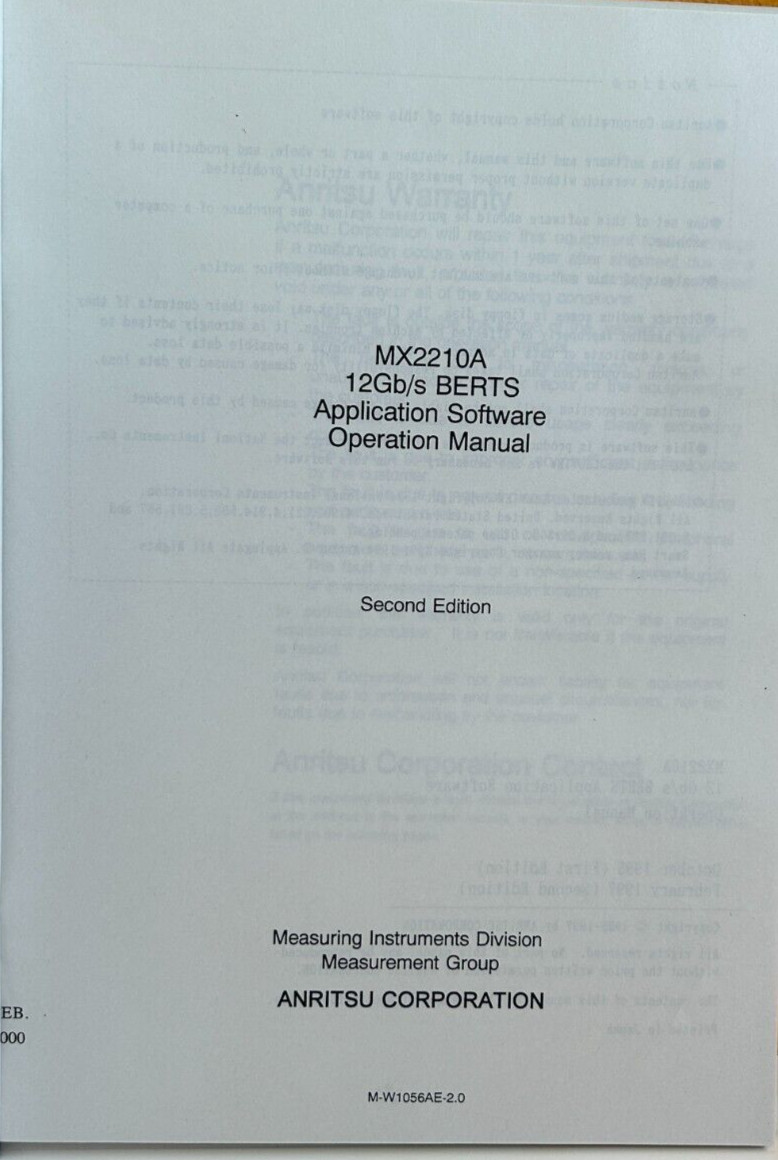 Anritsu M-W1056AE-2.0 2000 MX2210A 12 Gb/s BERTS Application Software Manual.