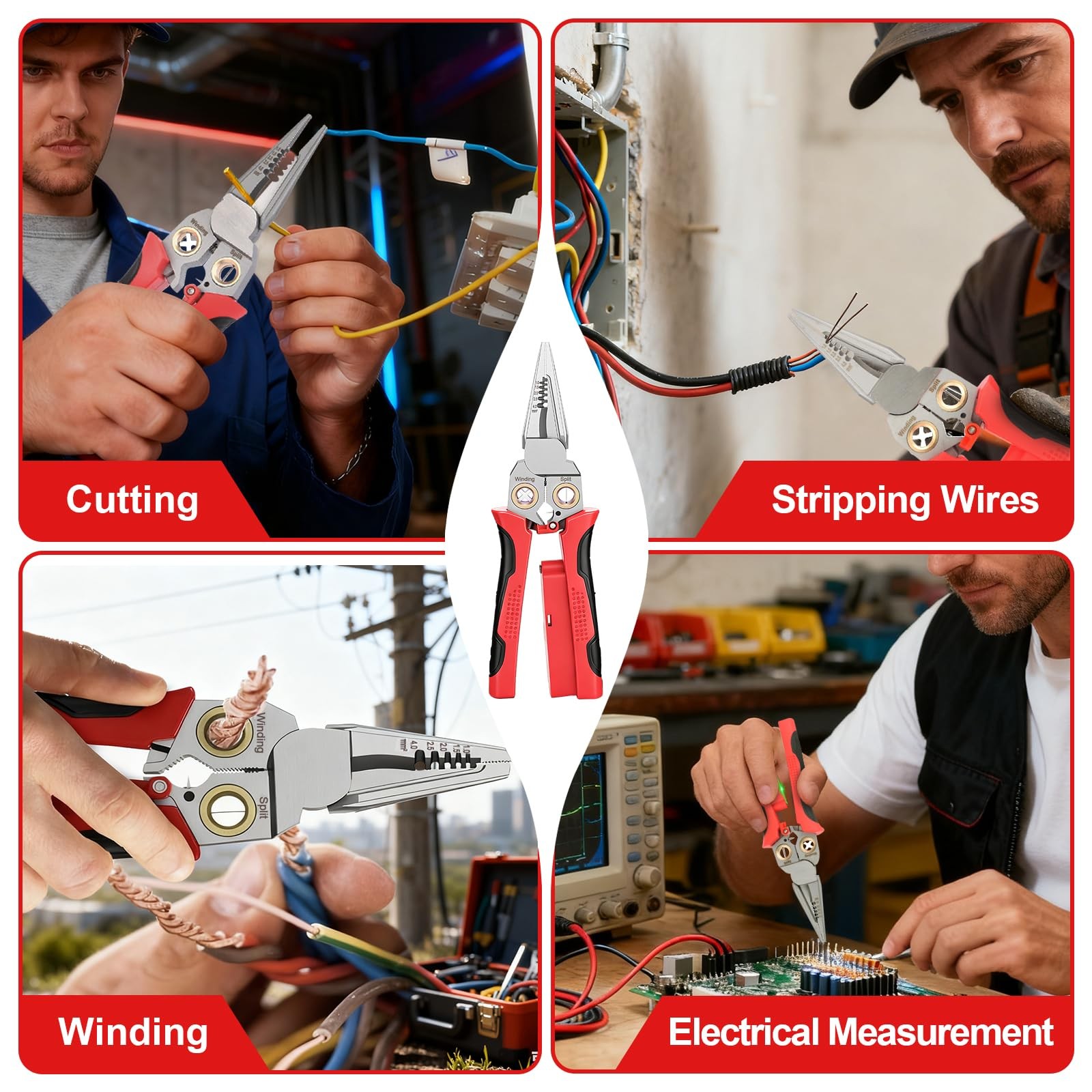 JEJIEFI Pro 8-in-1 Wire Stripping Pliers with Voltage Tester for Red