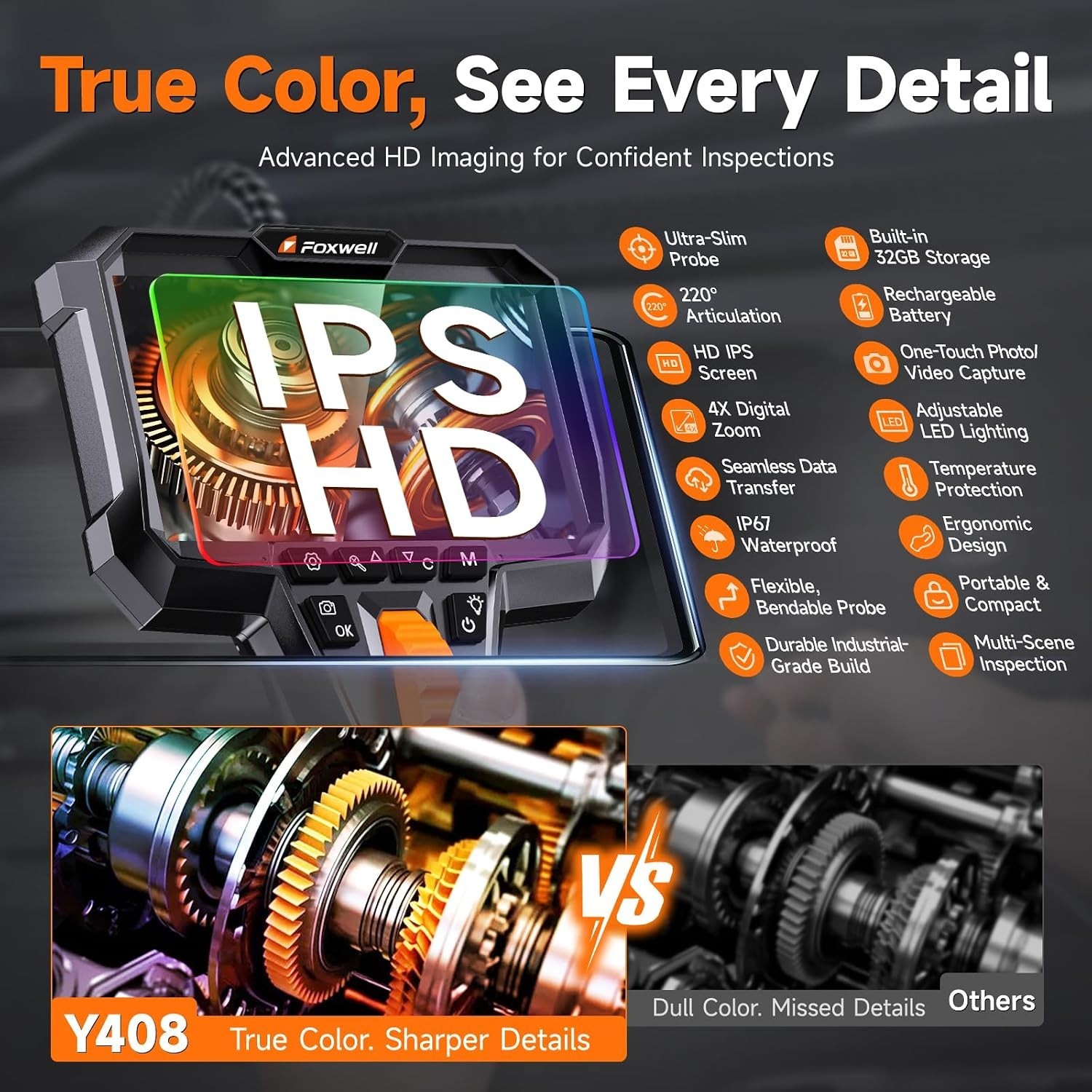 Dual Lens Two-Way Articulating Borescope, 1080P Endoscope Camera with Light, IPS