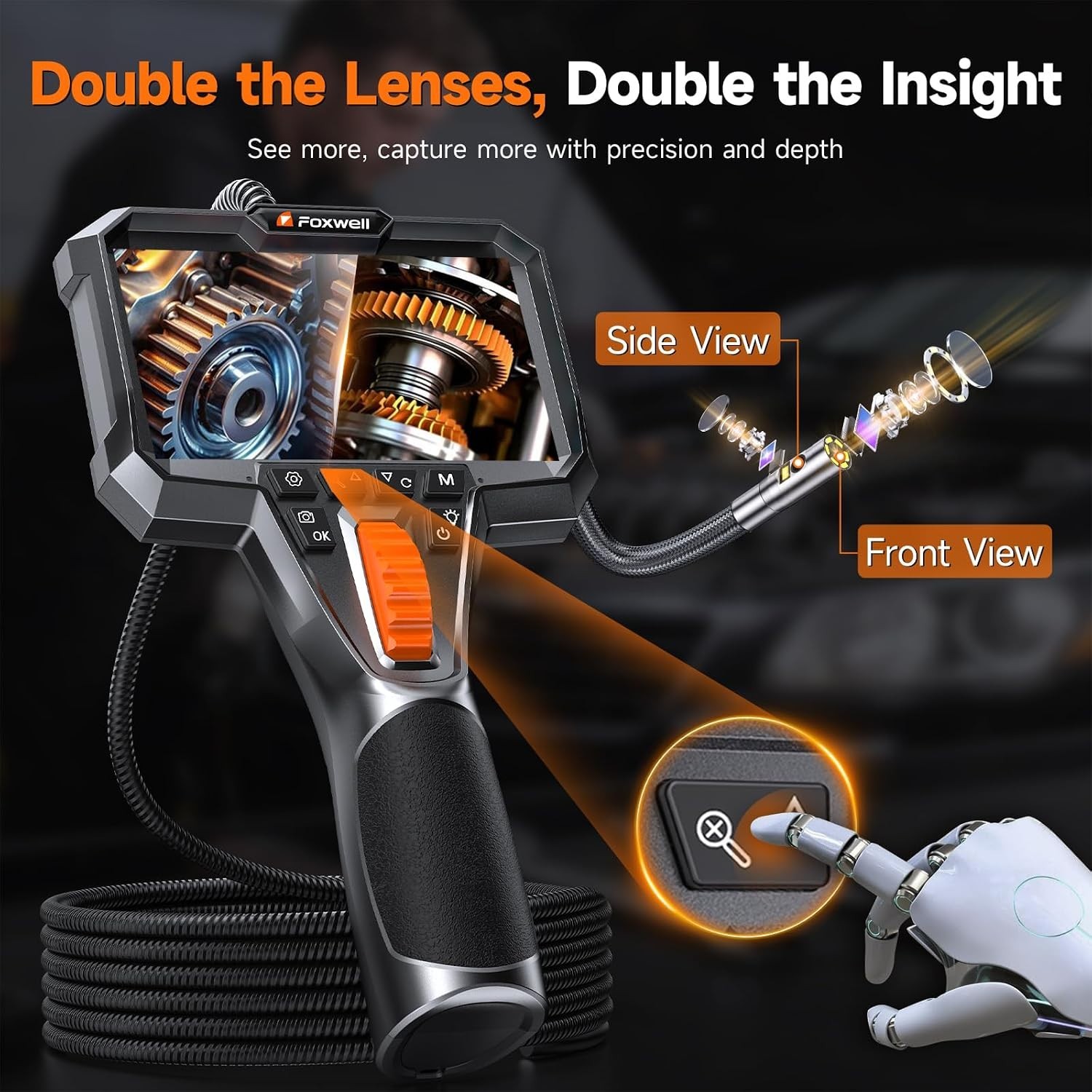 Dual Lens Two-Way Articulating Borescope, 1080P Endoscope Camera with Light, IPS