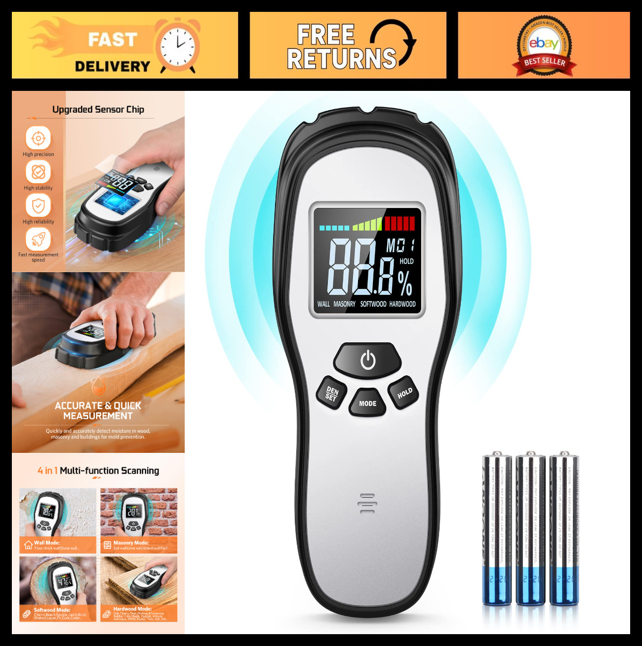 Digital Wood Moisture Meter – Pinless Detector for Firewood, Lumber, Drywall & C