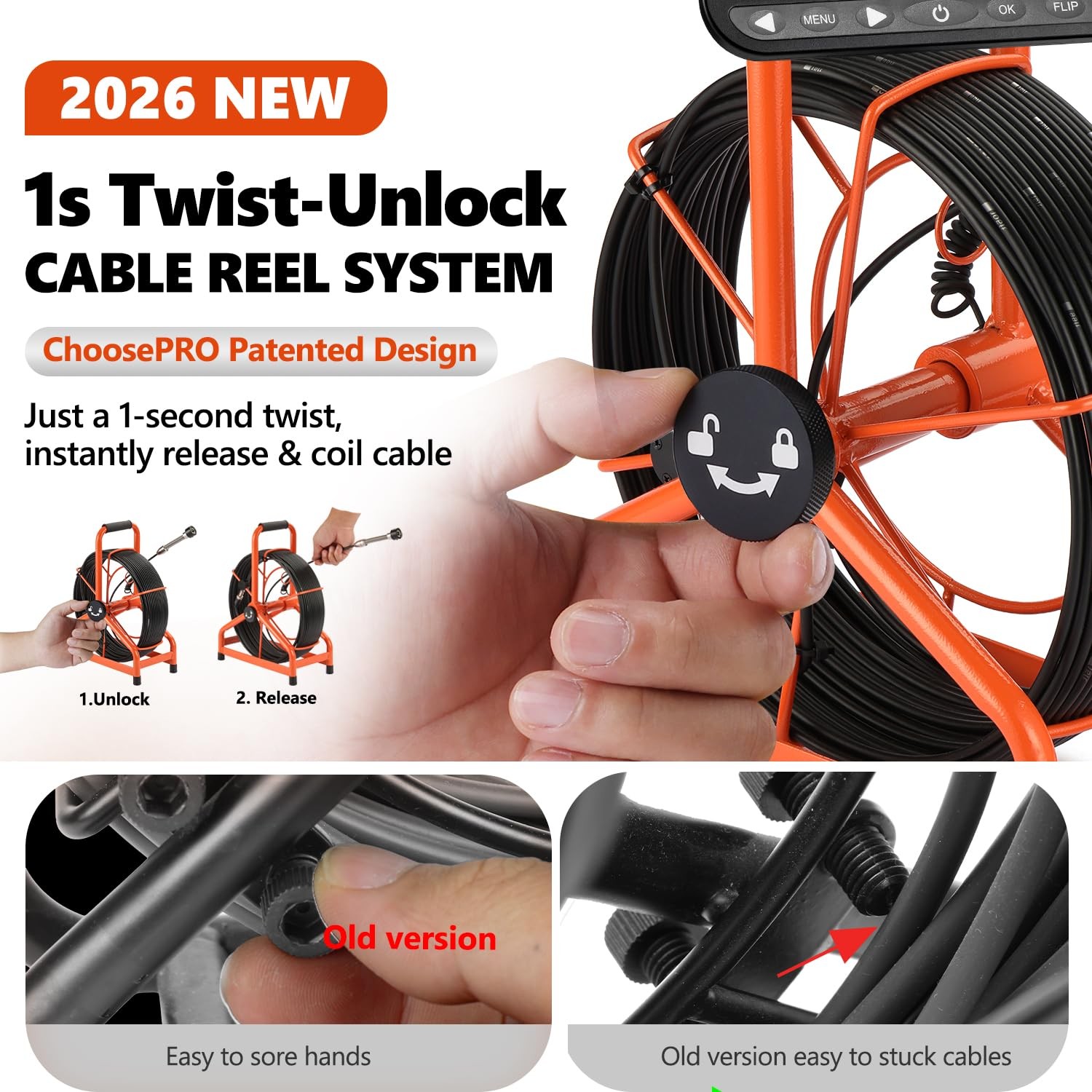 𝟐𝟎𝟐𝟔 𝐧𝐞𝐰 7” Sewer Camera, HD 1080P w/DVR-32GB, [New 1s Twist-to-Unlock