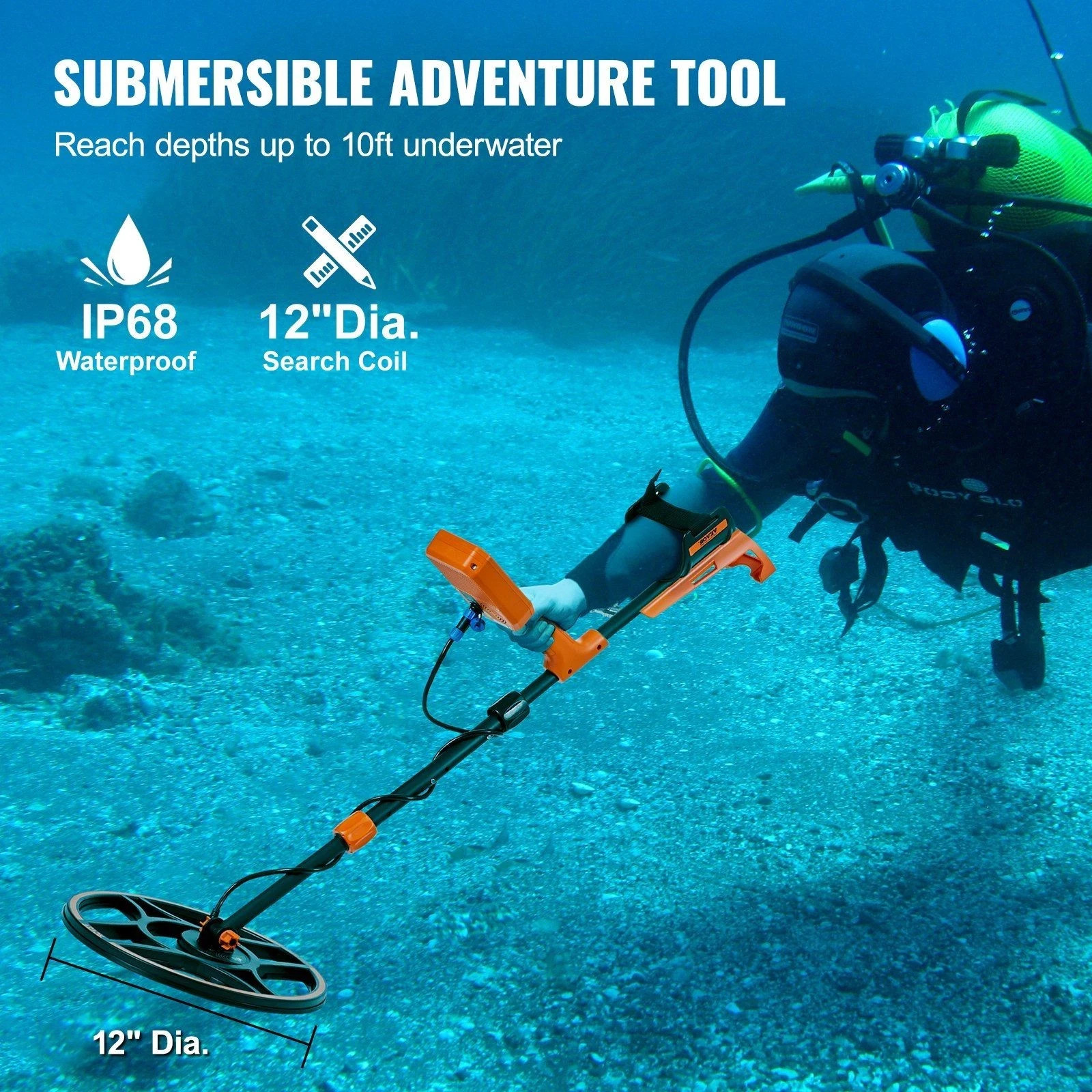 12in Waterproof Gold Detector, 39-50in Adjustable Handle, 7 Modes, LCD Backlit