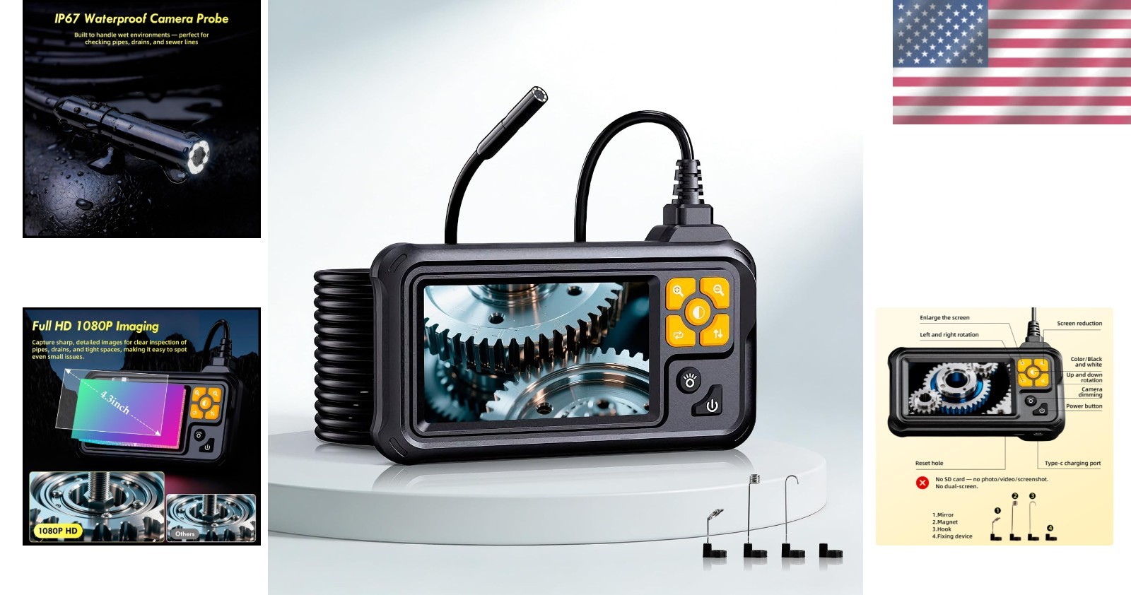 Industrial 1080P Inspection Camera with Lighting – 4.3 Inch Screen & Accessories