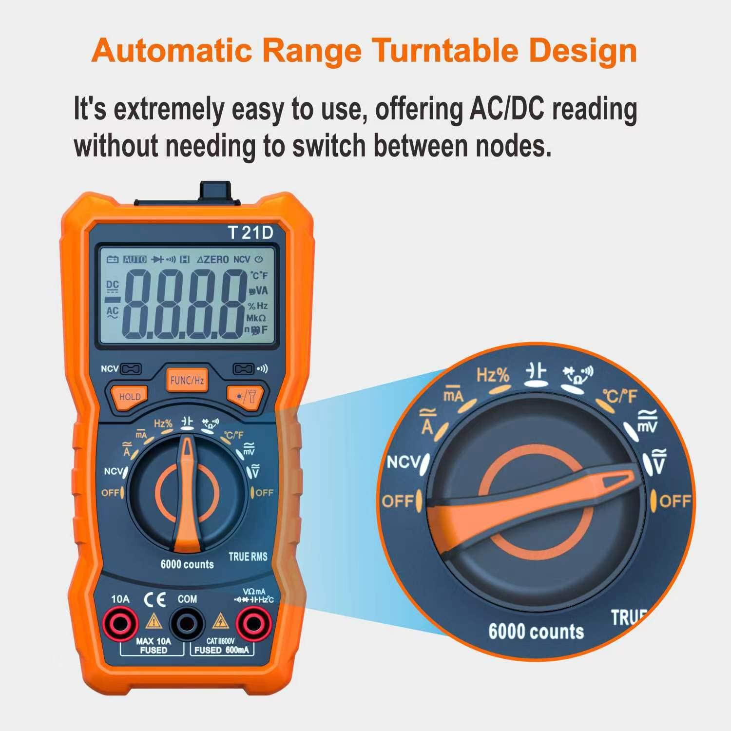 Auto-Ranging Digital Multimeter, TRMS 6000 Counts AC DC Voltmeter Ohm Volt Amp