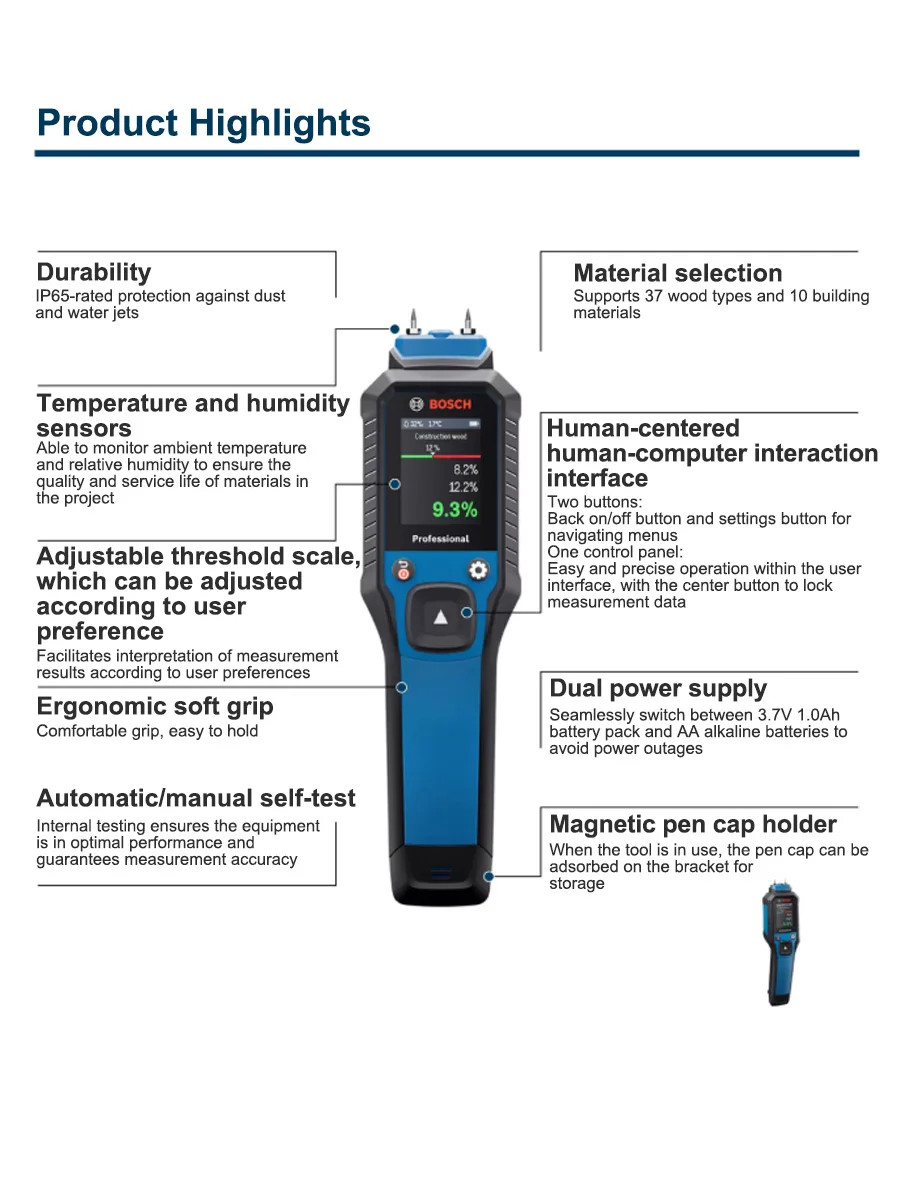 Bosch GMP2-15 Wood Moisture Meter Hygrometer LCD Brick Timber Damp Detector IP65