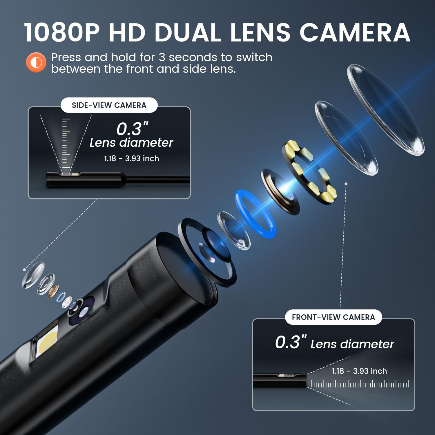 4.3 Inch Screen Dual Lens Inspection Endoscope Camera LED 32GB 16.5FT