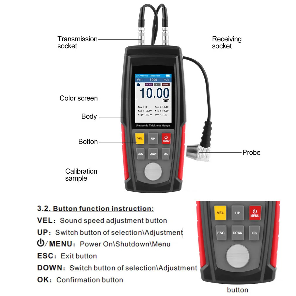 Digital Ultrasonic Thickness Gauge Meter Tester 1-300mm Tool for Metal Cast Iron