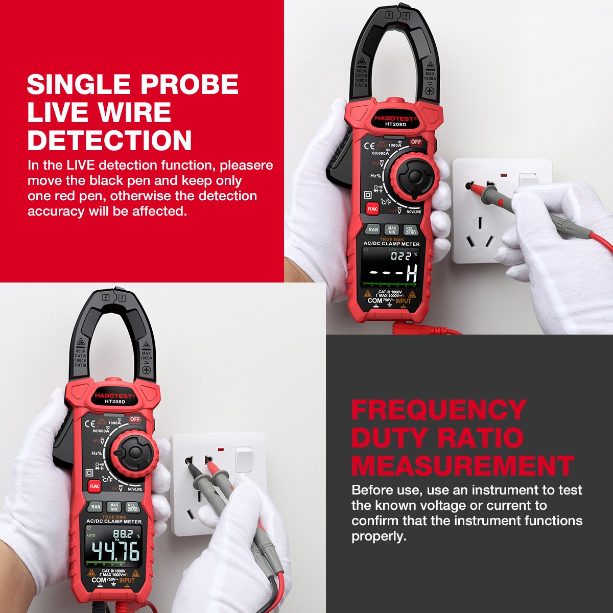 HABOTEST HT208A Handheld Clamp Meter Volt Am Ohm NCV DC AC MAX 1000V True RMS
