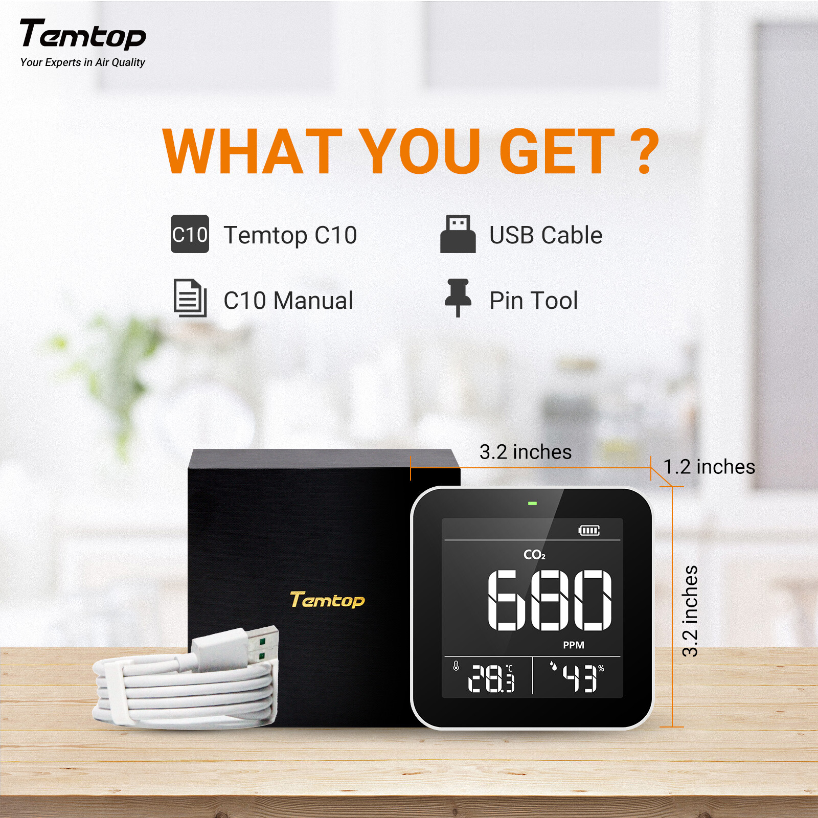 Temtop 8-in-1 Air Quality Monitor Detector PM2.5/10/AQI/HCHO T&H, LKC-1000S+2ND
