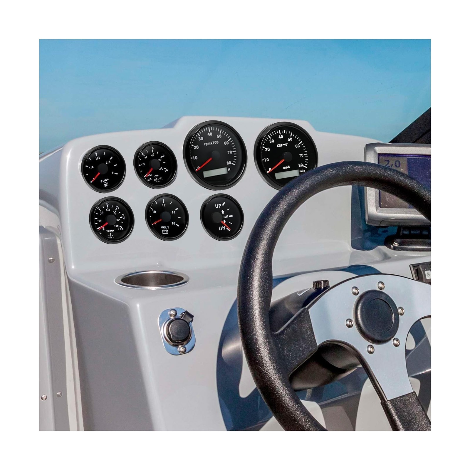 7 Gauge Set w/ GPS Speedometer, Tachometer – Marine Boat Gauge Black