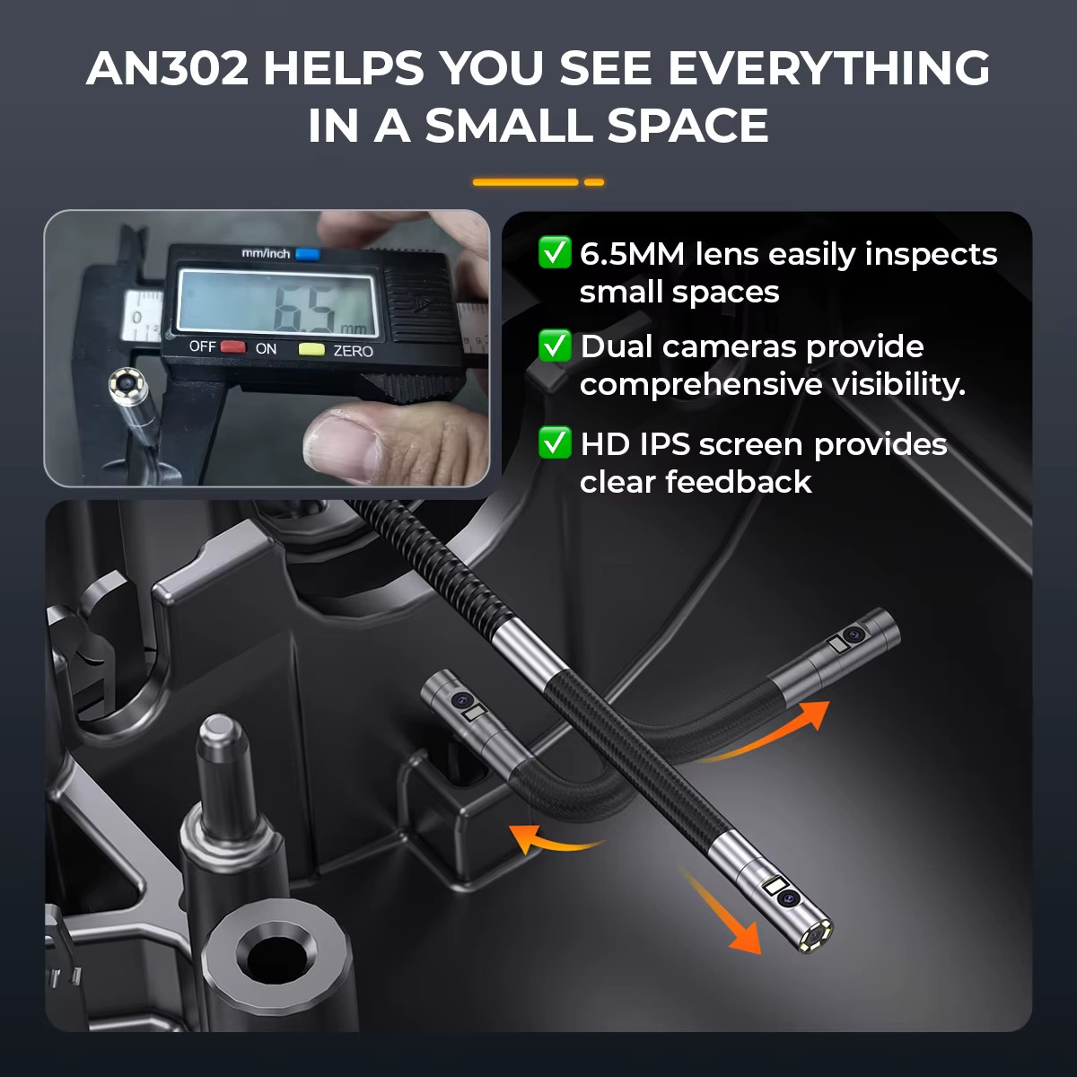 ANCEL AN302 4.3 Inch Industrial Endoscope Camera 2-Way Articulating Borescope