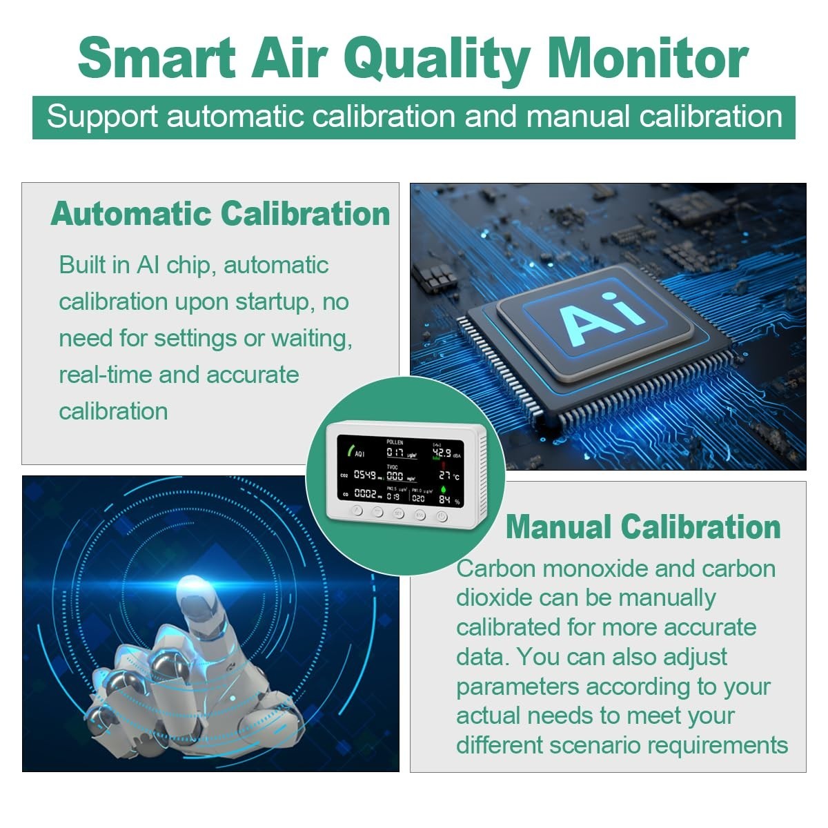 10 in 1 Indoor Air Quality Monitor 7″ Display App CO2 PM2.5 for Home & Office