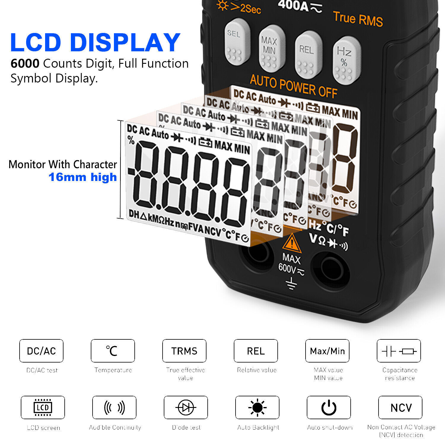 Clamp Meter TRMS 6000 Counts NCV Digital Clamp Multimeter DC AC Current Volt Amp