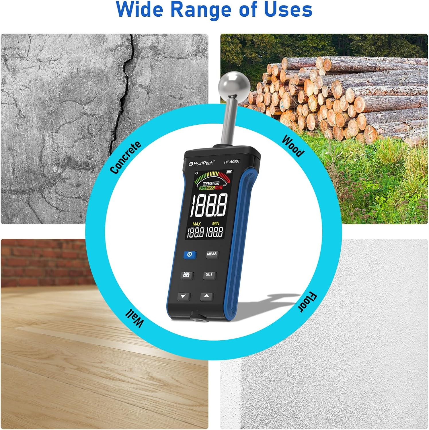 HOLDPEAK Pinless Wood Moisture Meter 20-40mm for Wood Concrete Walls Floor LCD