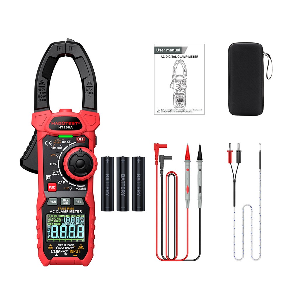 HABOTEST HT208A Handheld Clamp Meter Volt Am Ohm NCV DC AC MAX 1000V True RMS
