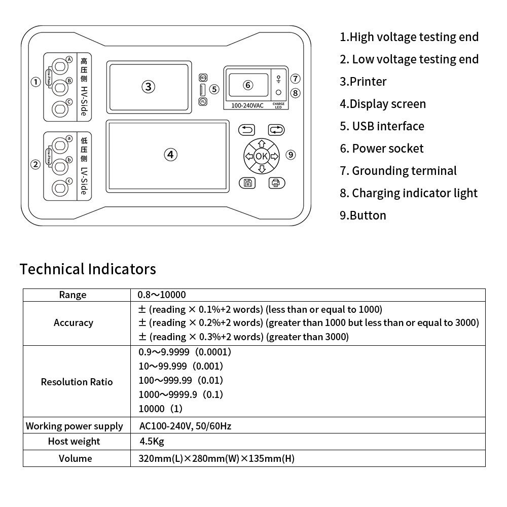 English/Spanish 3 Phase Transformer Ratio Tester Turns Ratio Group Meter TTR