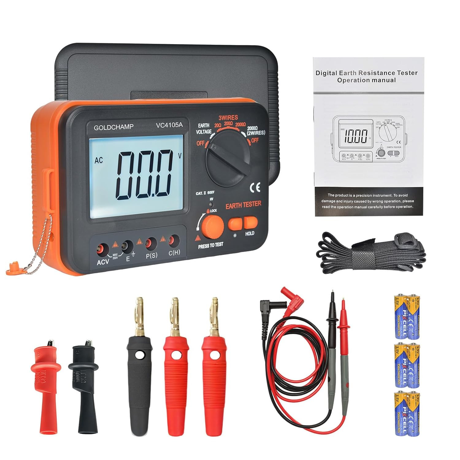 Professional Ground Earth Resistance Tester, 20/200/2000Ω Digital Meter with AC