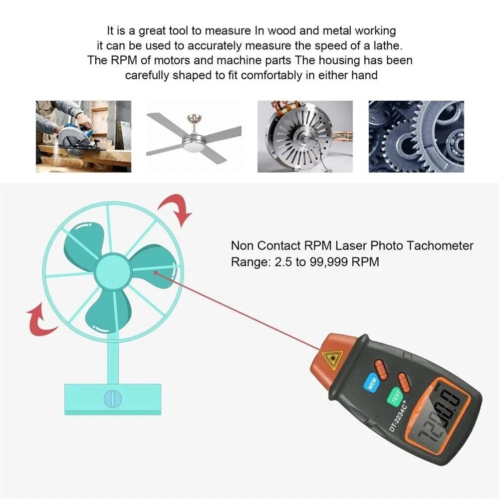 LCD Digital Tachometer Laser Photo Non Contact RPM Tach Meter Motor Speed Gauge