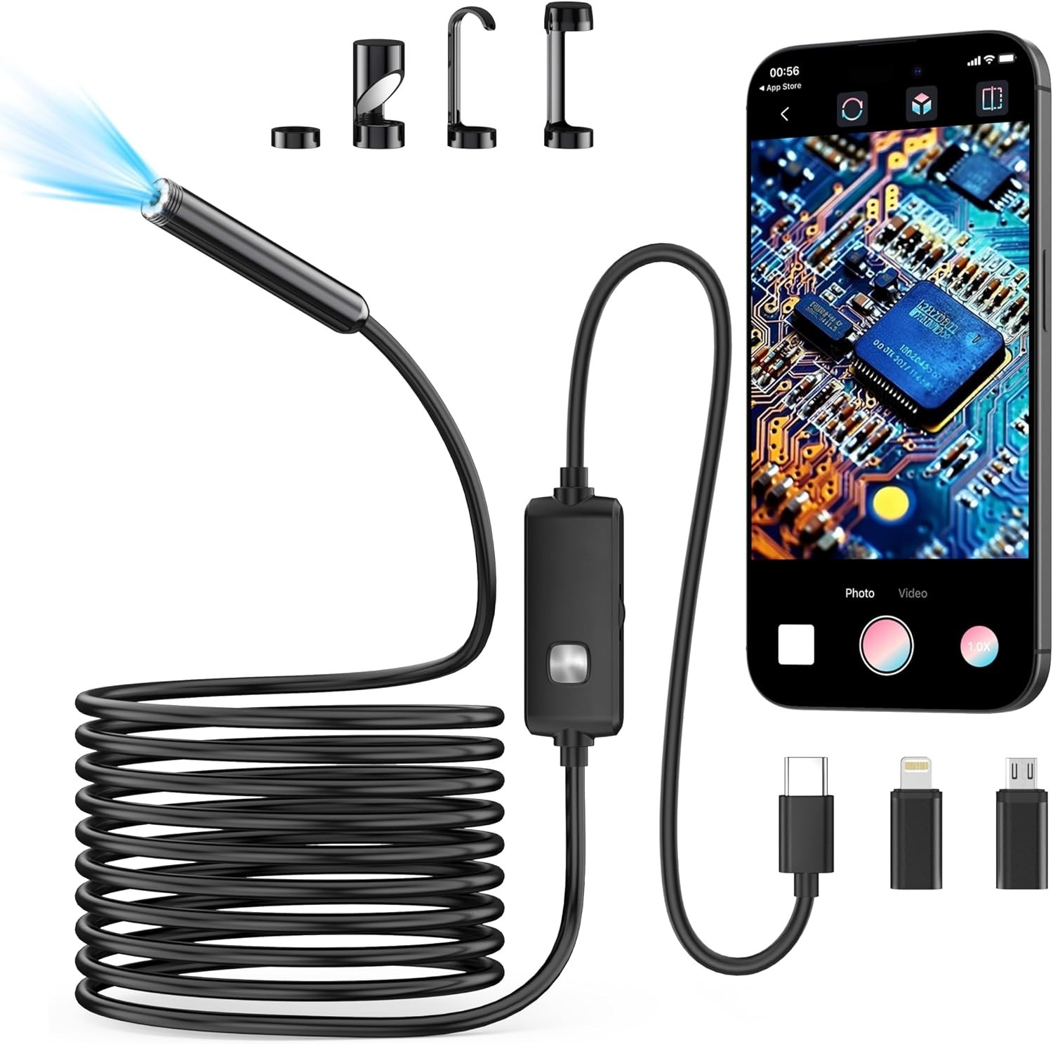 Endoscope Camera, 1920P HD, 16.4ft Semi-Rigid Cable, 8 LED, IP67 Waterproof